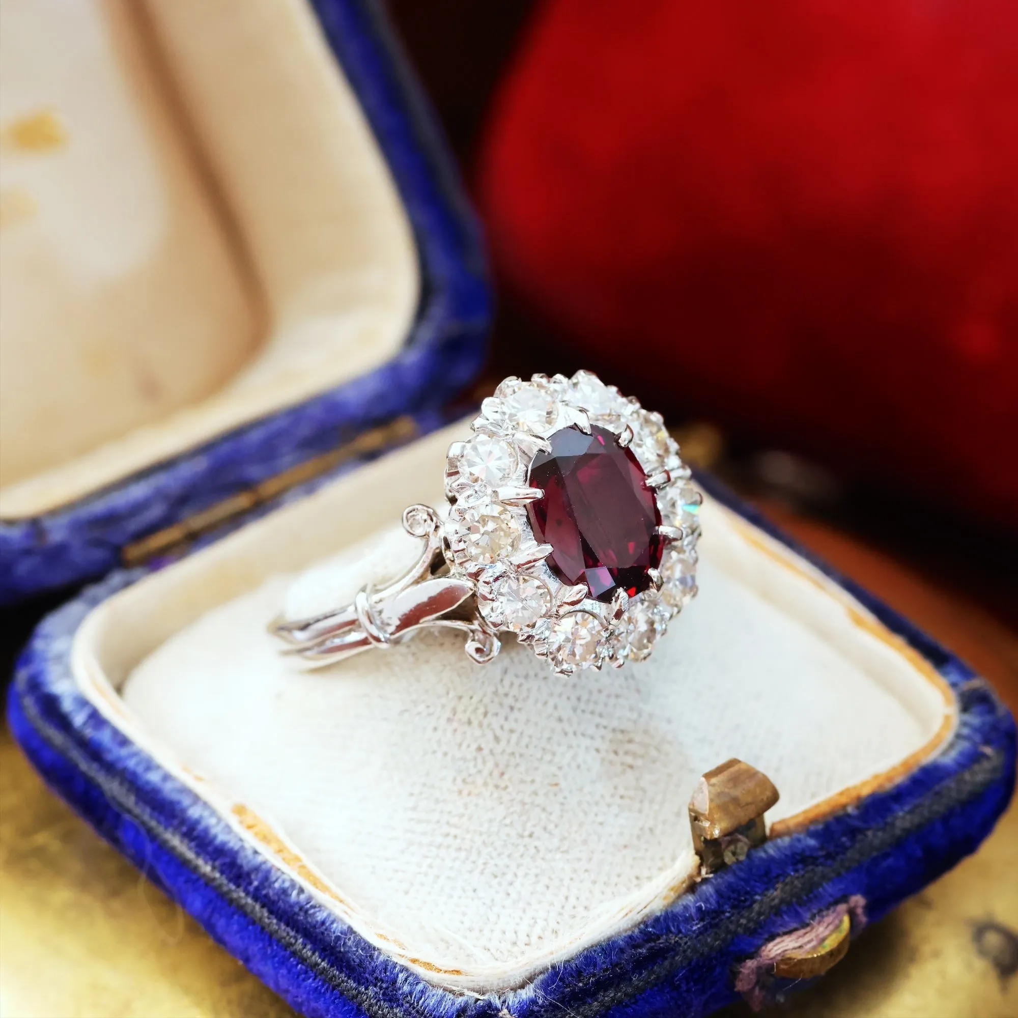 Extraordinary Vintage Deep Wine Ruby & Diamond Cluster Ring