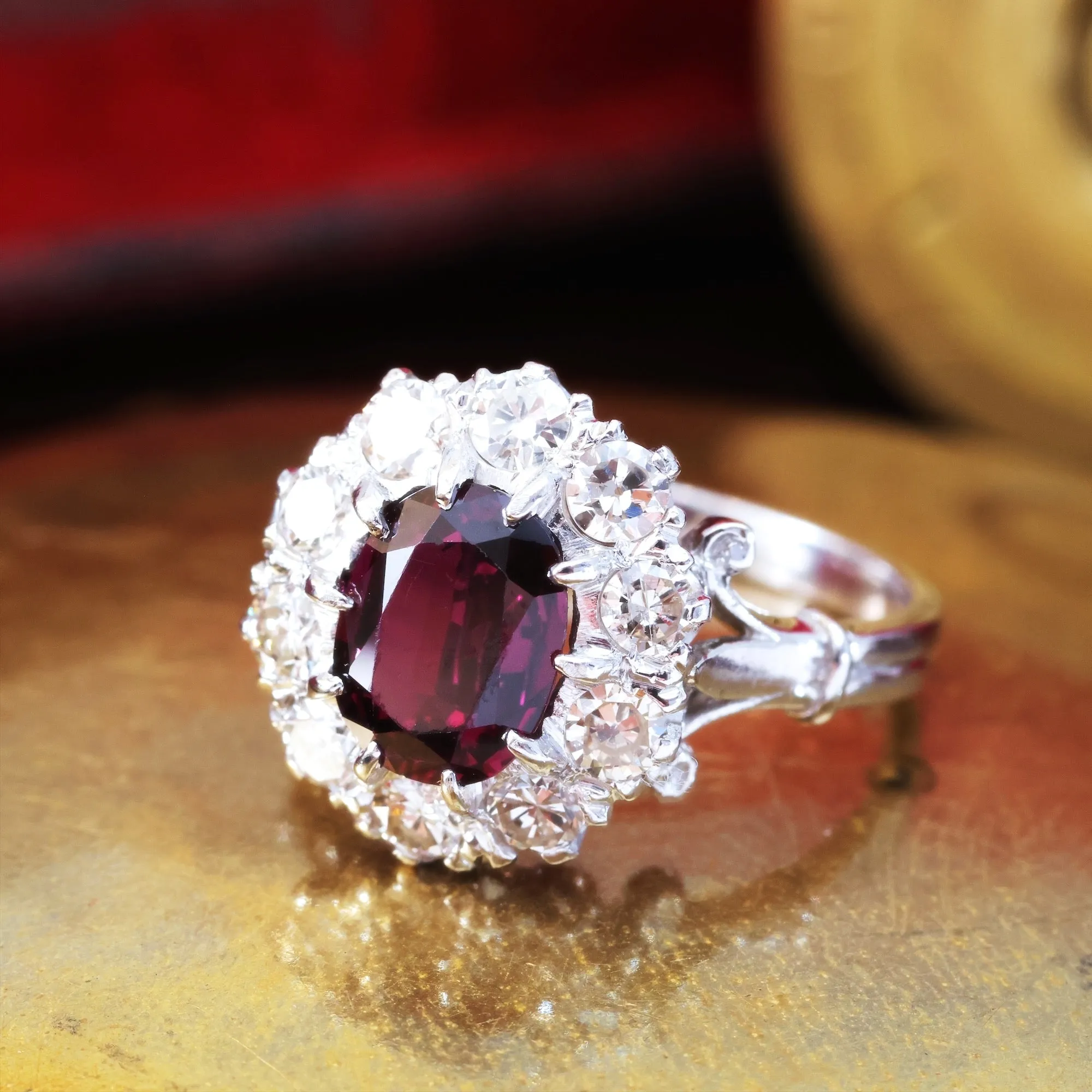 Extraordinary Vintage Deep Wine Ruby & Diamond Cluster Ring