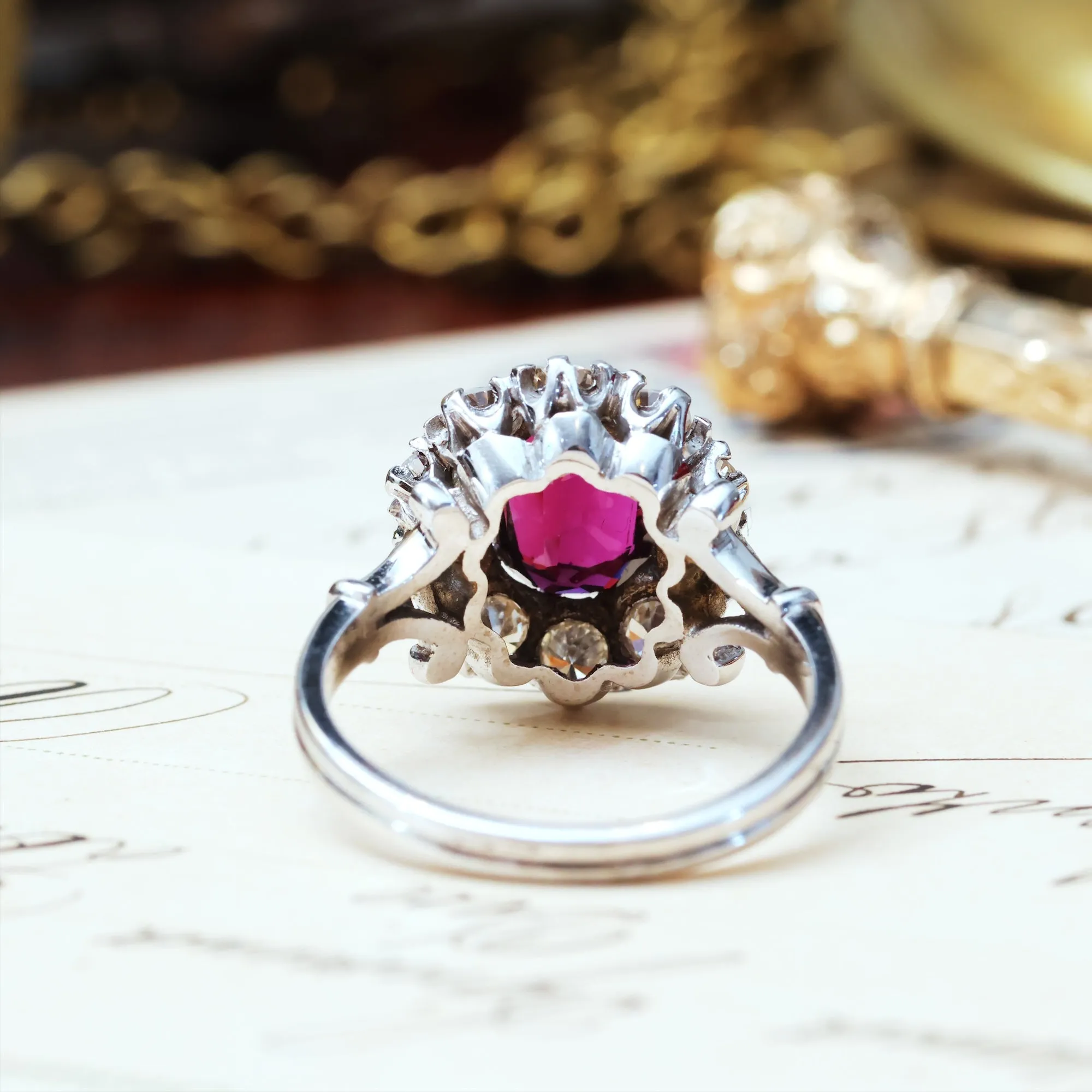 Extraordinary Vintage Deep Wine Ruby & Diamond Cluster Ring