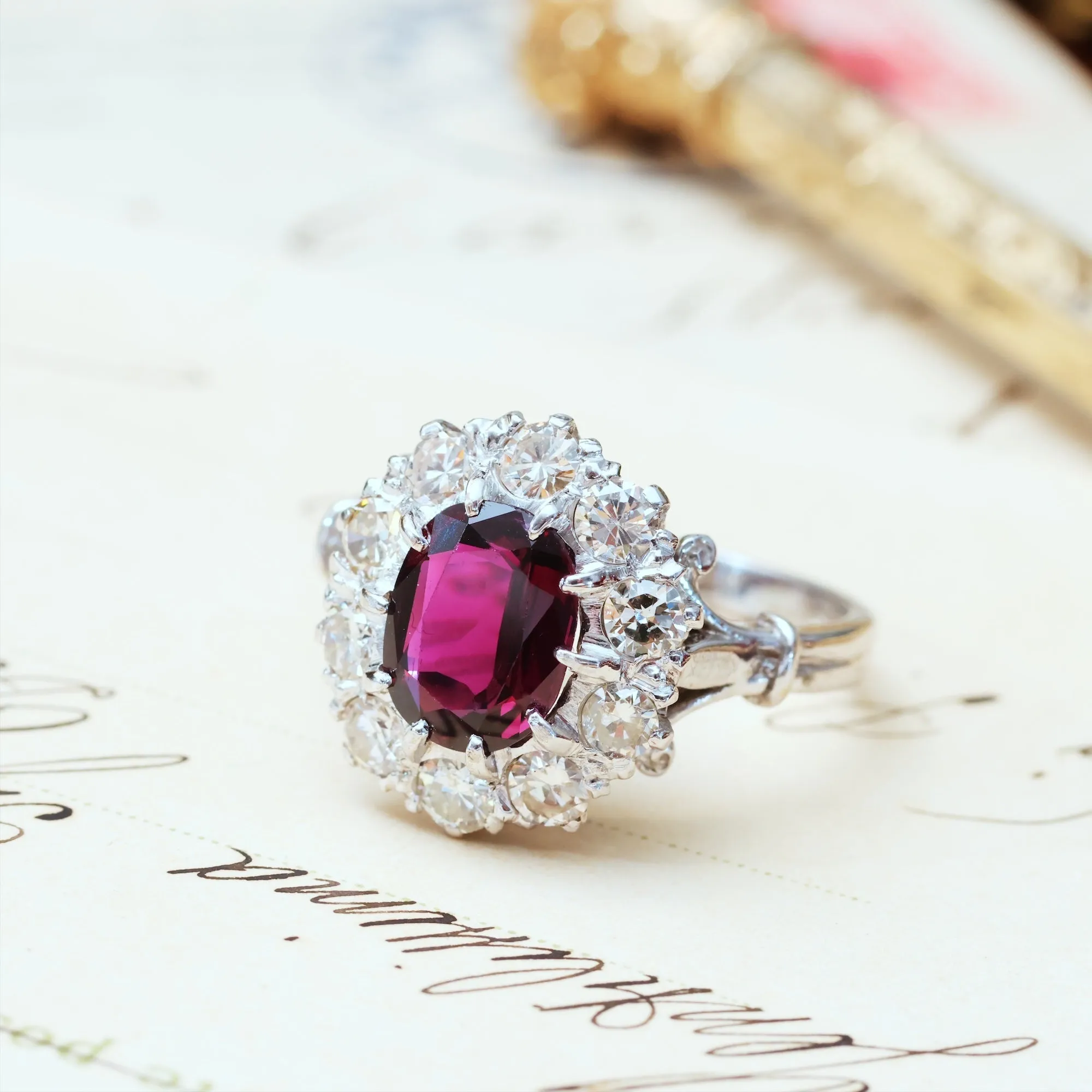 Extraordinary Vintage Deep Wine Ruby & Diamond Cluster Ring