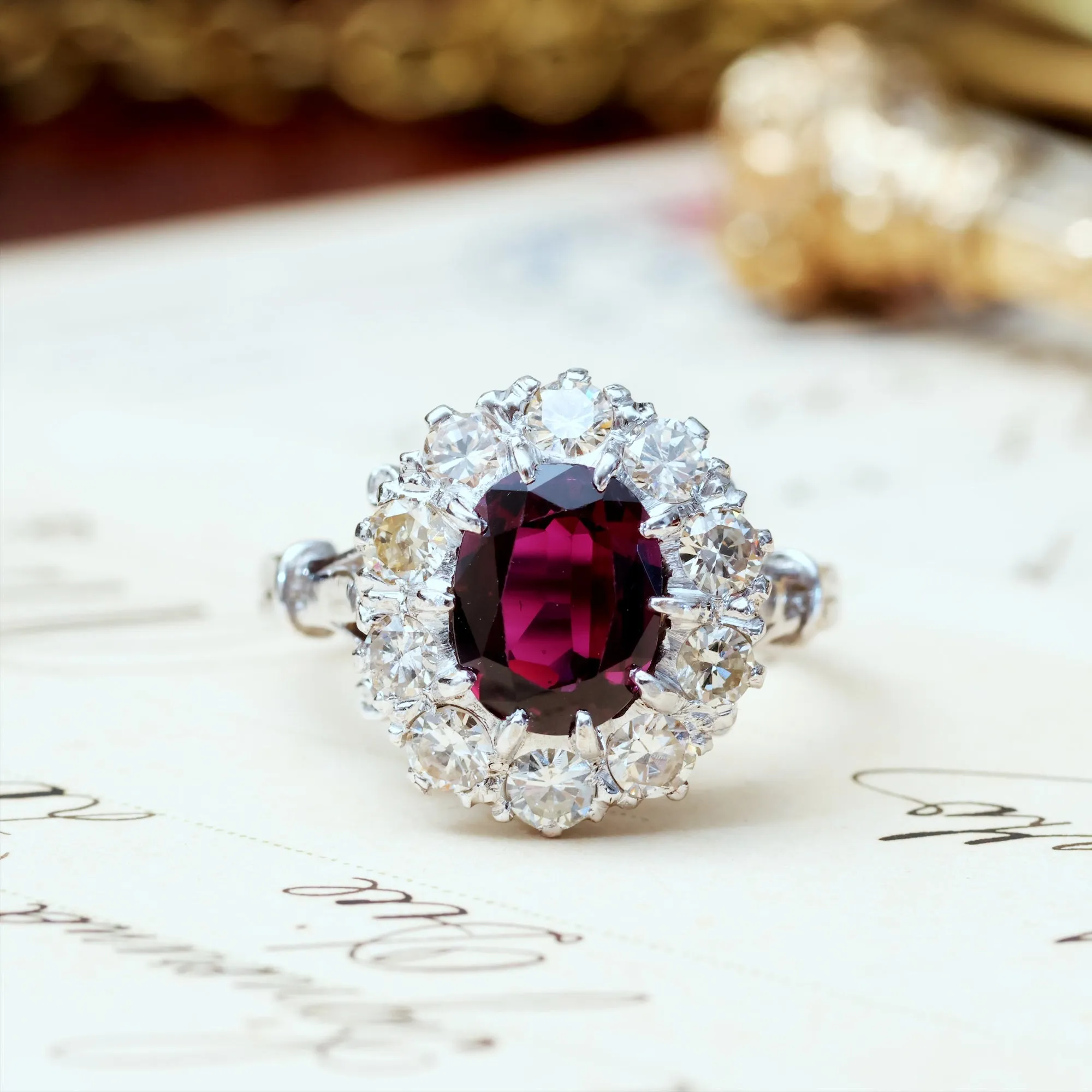 Extraordinary Vintage Deep Wine Ruby & Diamond Cluster Ring