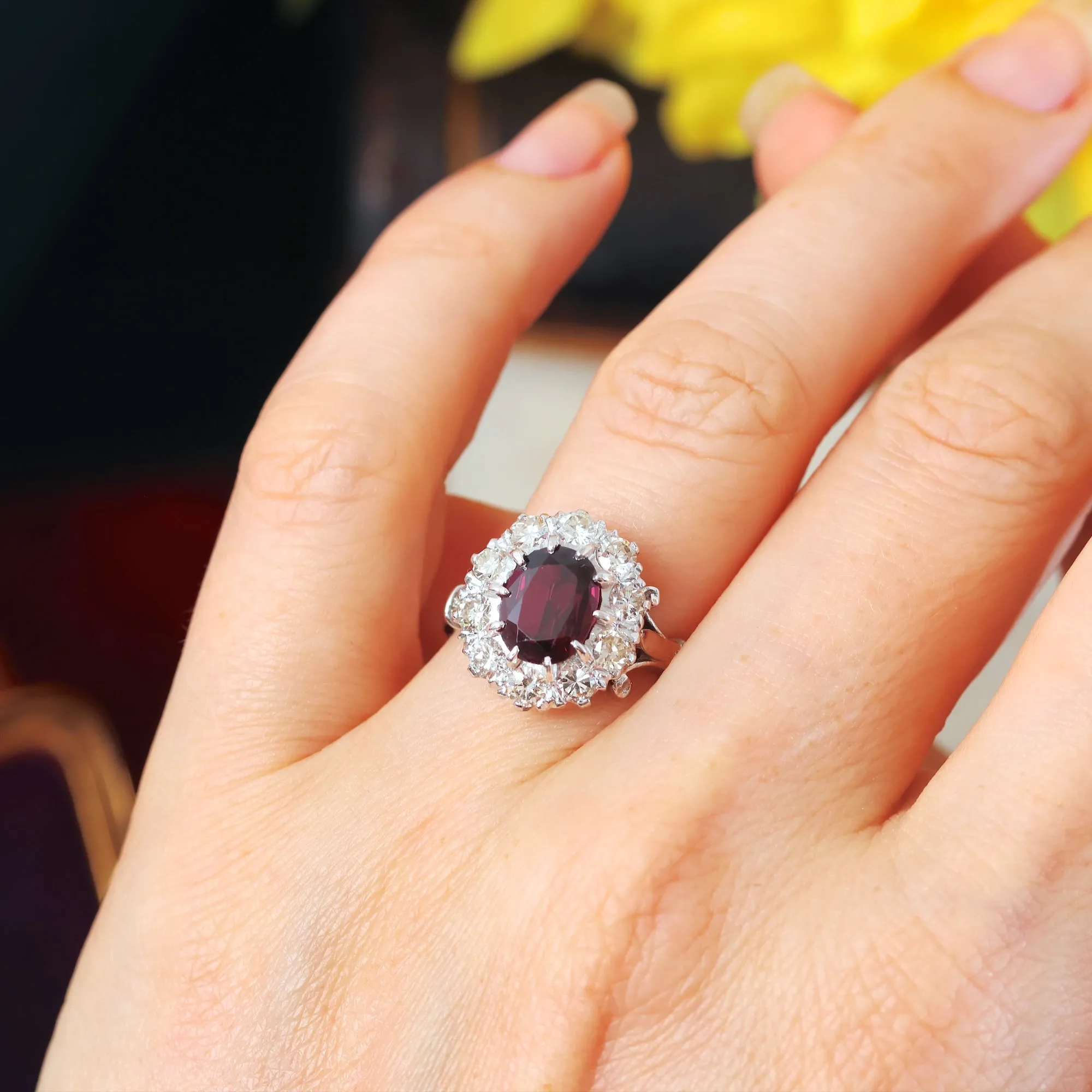 Extraordinary Vintage Deep Wine Ruby & Diamond Cluster Ring