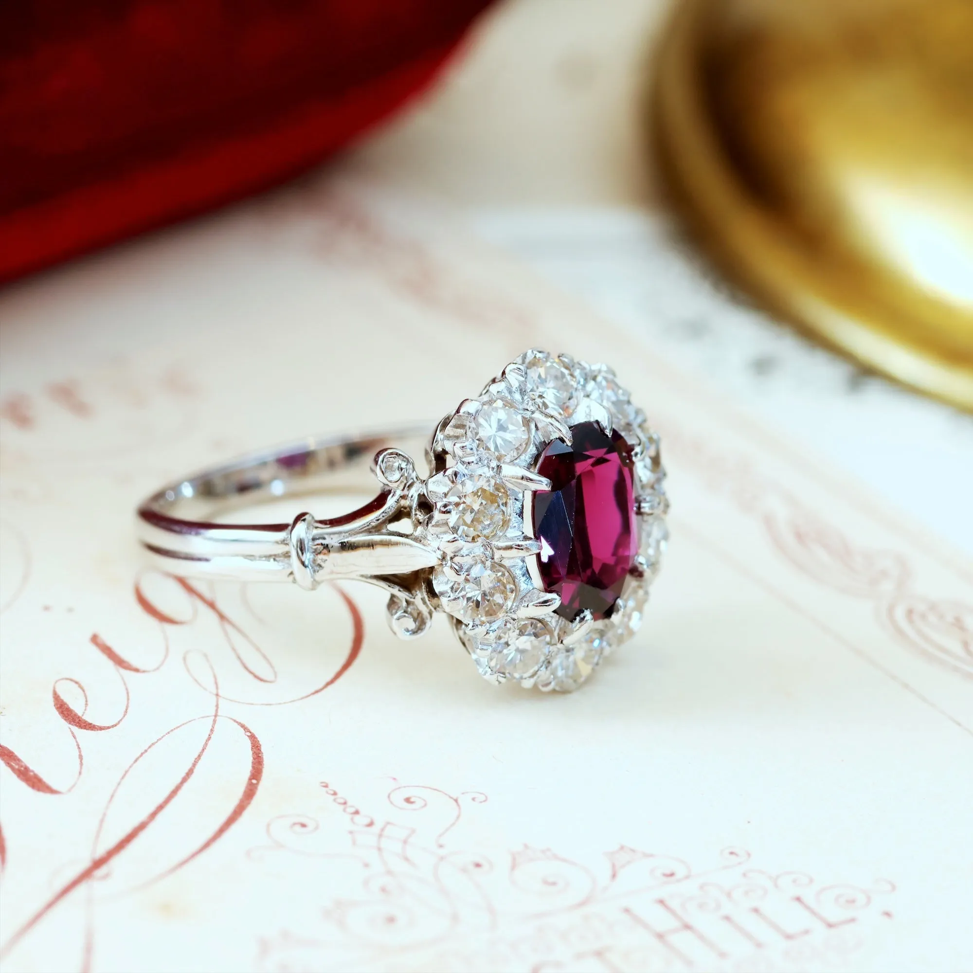 Extraordinary Vintage Deep Wine Ruby & Diamond Cluster Ring