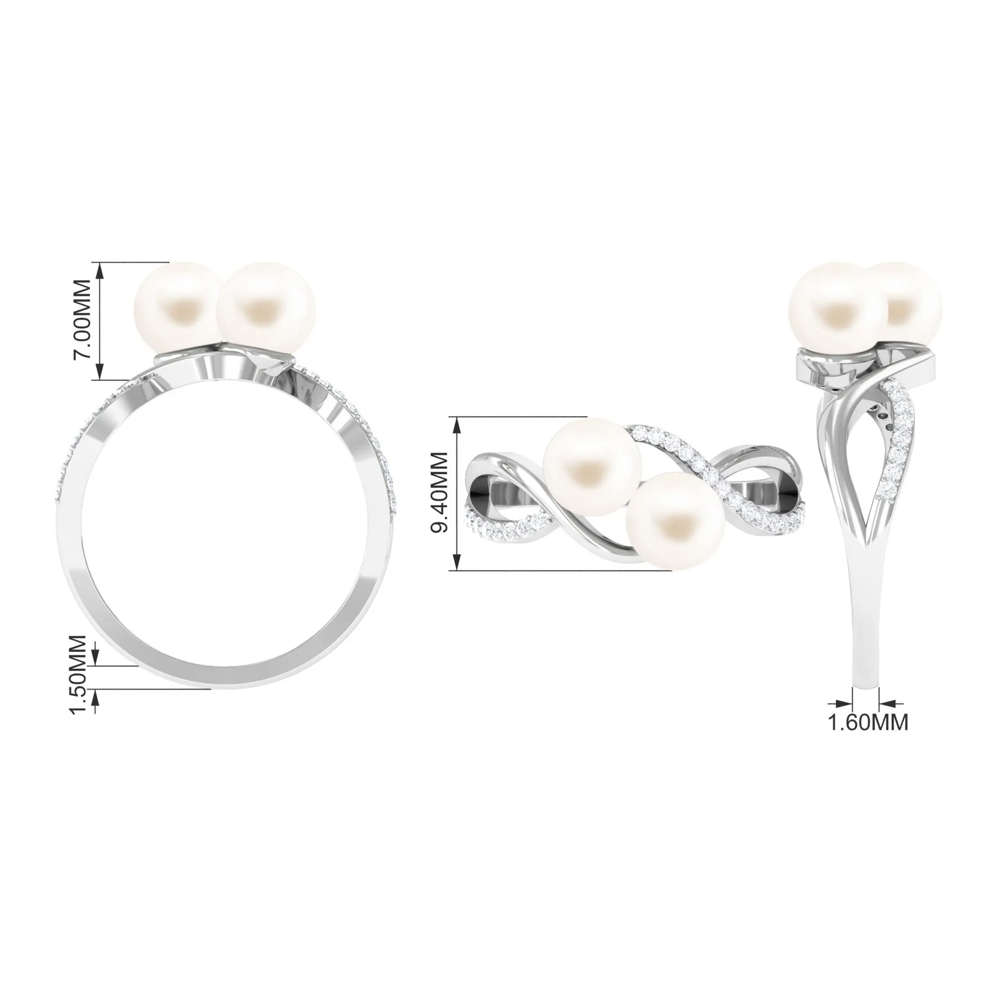 Genuine Freshwater Pearl Toi Et Moi Crossover Ring with Diamond