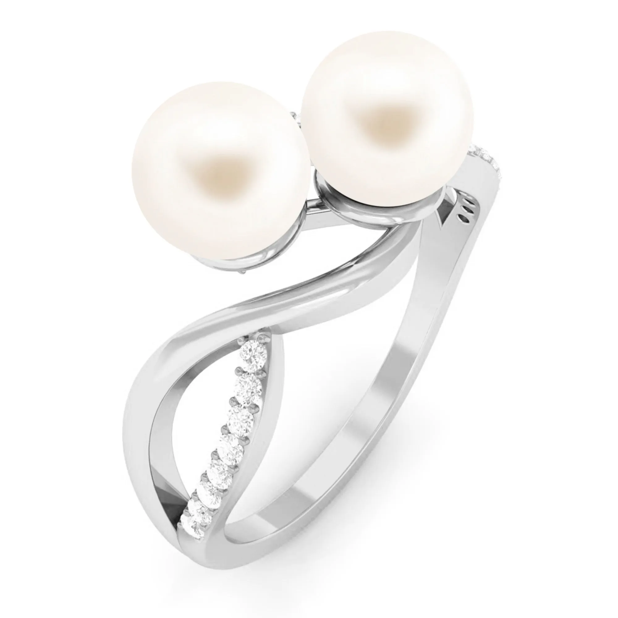 Genuine Freshwater Pearl Toi Et Moi Crossover Ring with Diamond