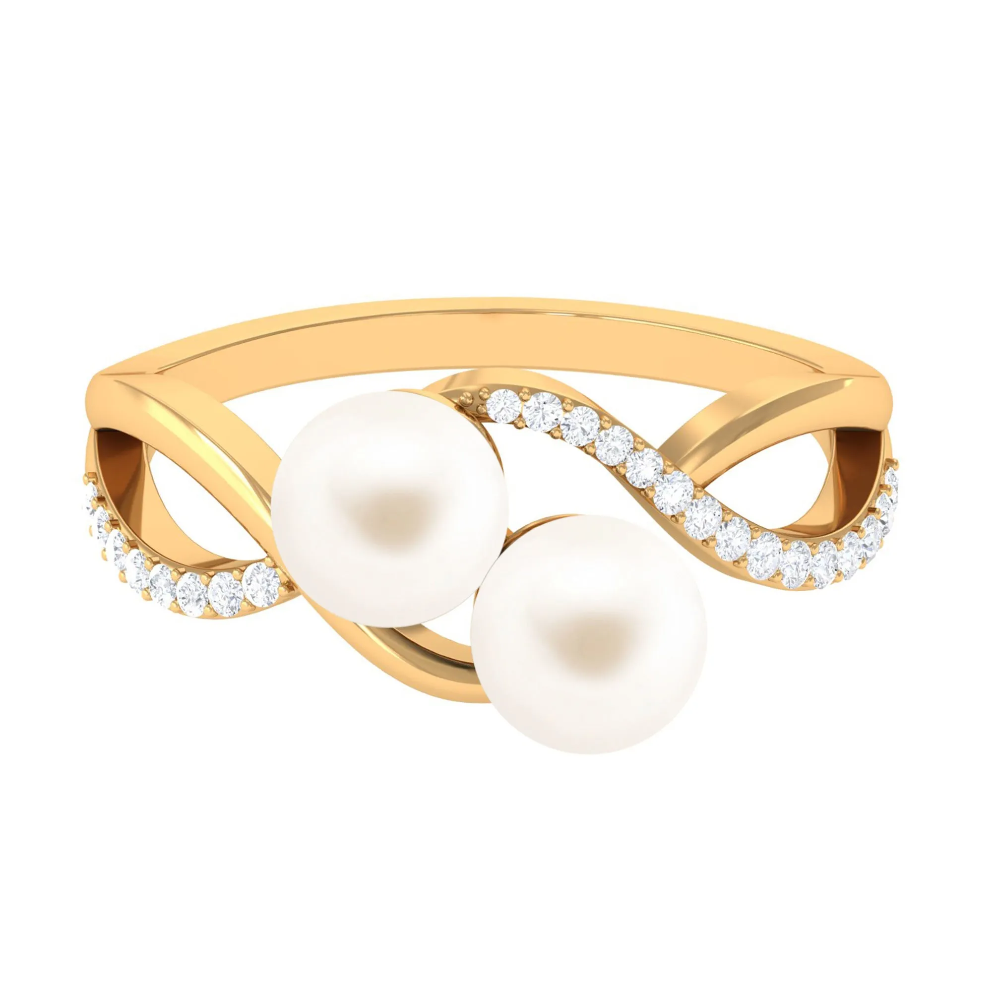 Genuine Freshwater Pearl Toi Et Moi Crossover Ring with Diamond