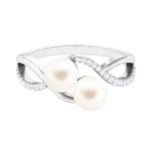 Genuine Freshwater Pearl Toi Et Moi Crossover Ring with Diamond