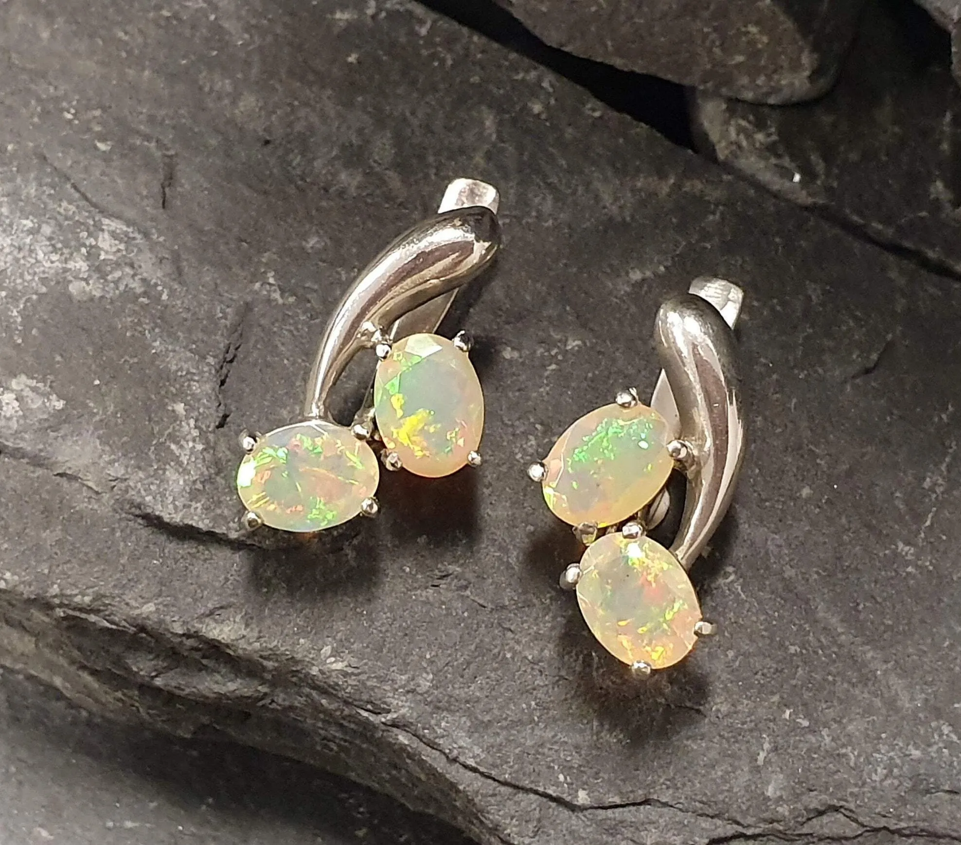 Genuine Opal Earrings - Two Stone Drop Earrings - Unique Vintage Earrings