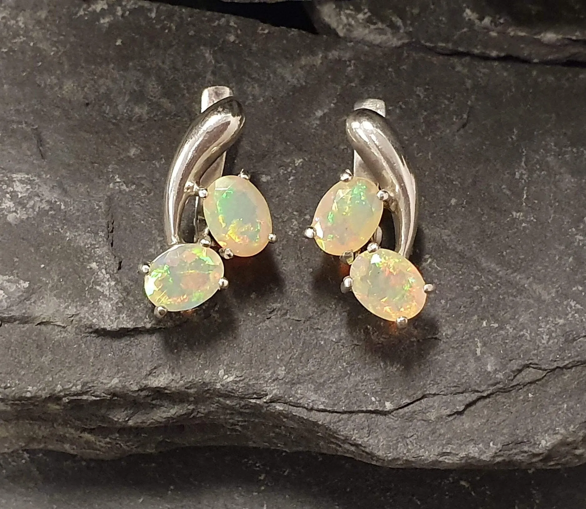 Genuine Opal Earrings - Two Stone Drop Earrings - Unique Vintage Earrings