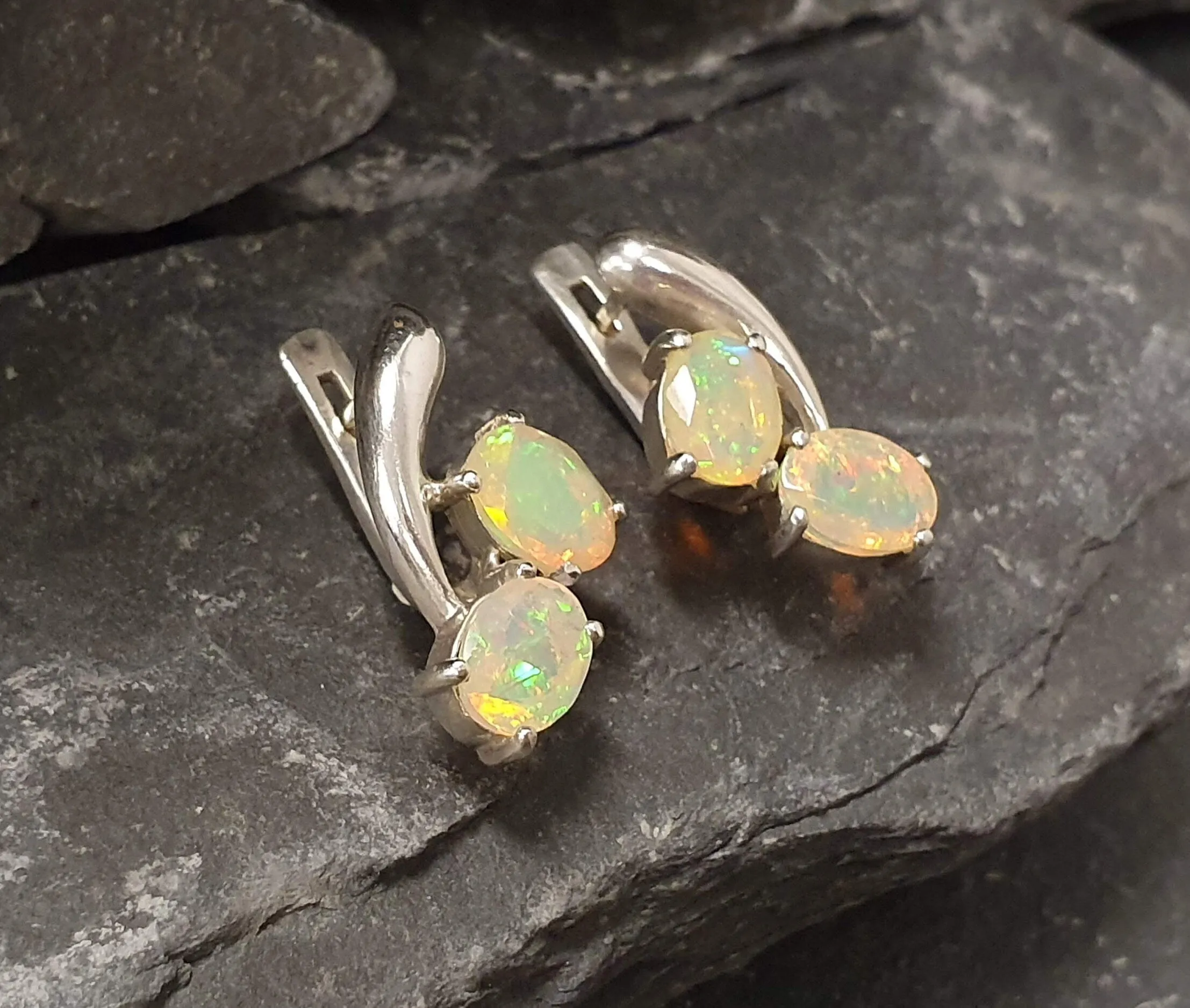 Genuine Opal Earrings - Two Stone Drop Earrings - Unique Vintage Earrings