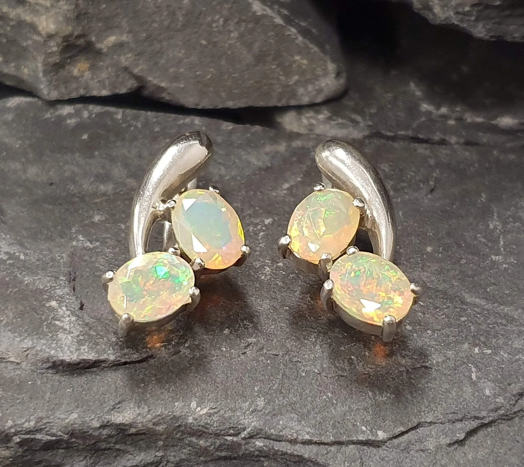 Genuine Opal Earrings - Two Stone Drop Earrings - Unique Vintage Earrings