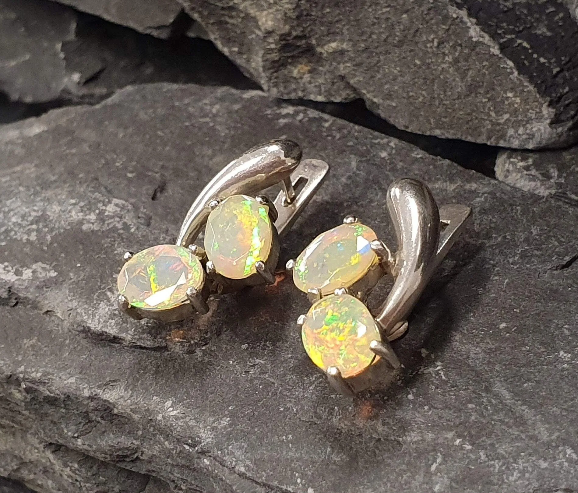 Genuine Opal Earrings - Two Stone Drop Earrings - Unique Vintage Earrings