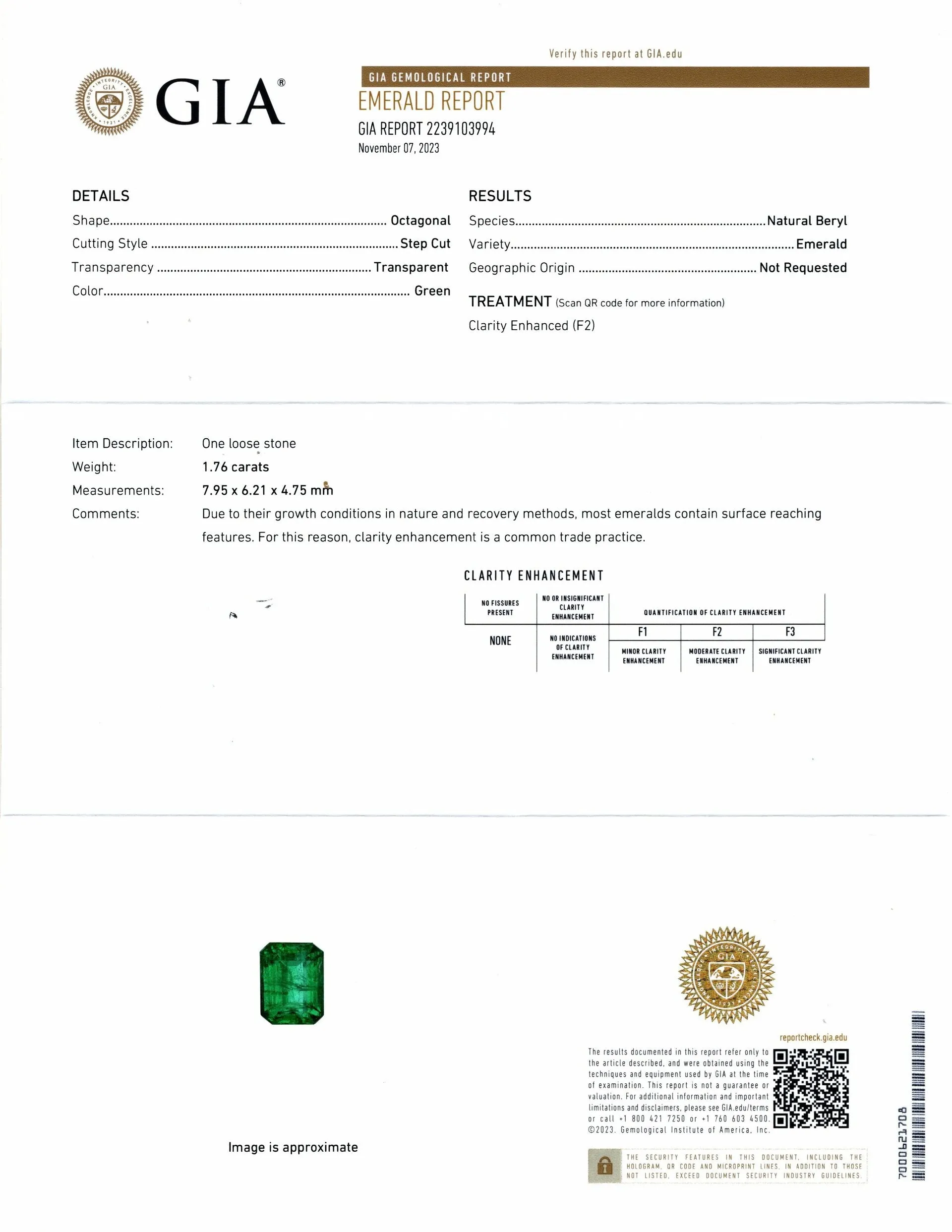 GIA CERTIFIED EMERALD 1.76ct EMERALD SHAPE CUT NATURAL GREEN LOOSE GEMSTONE