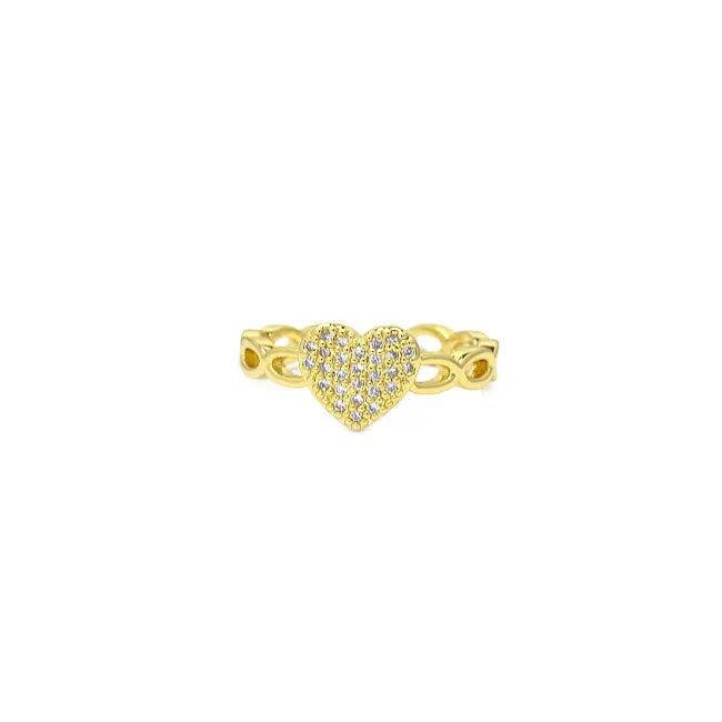 Gold Cubic Zirconia Adjustable Heart Chain Ring