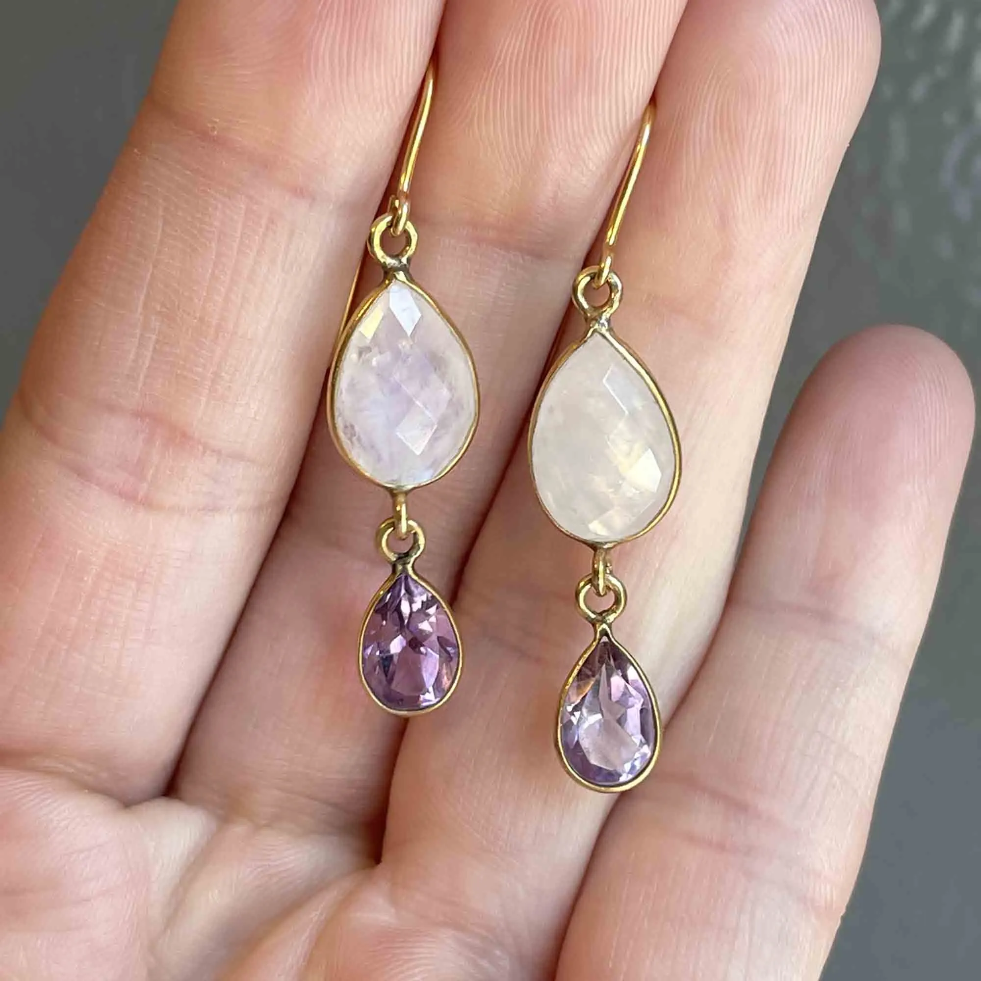 Gold Faceted Amethyst Moonstone Drop Earrings