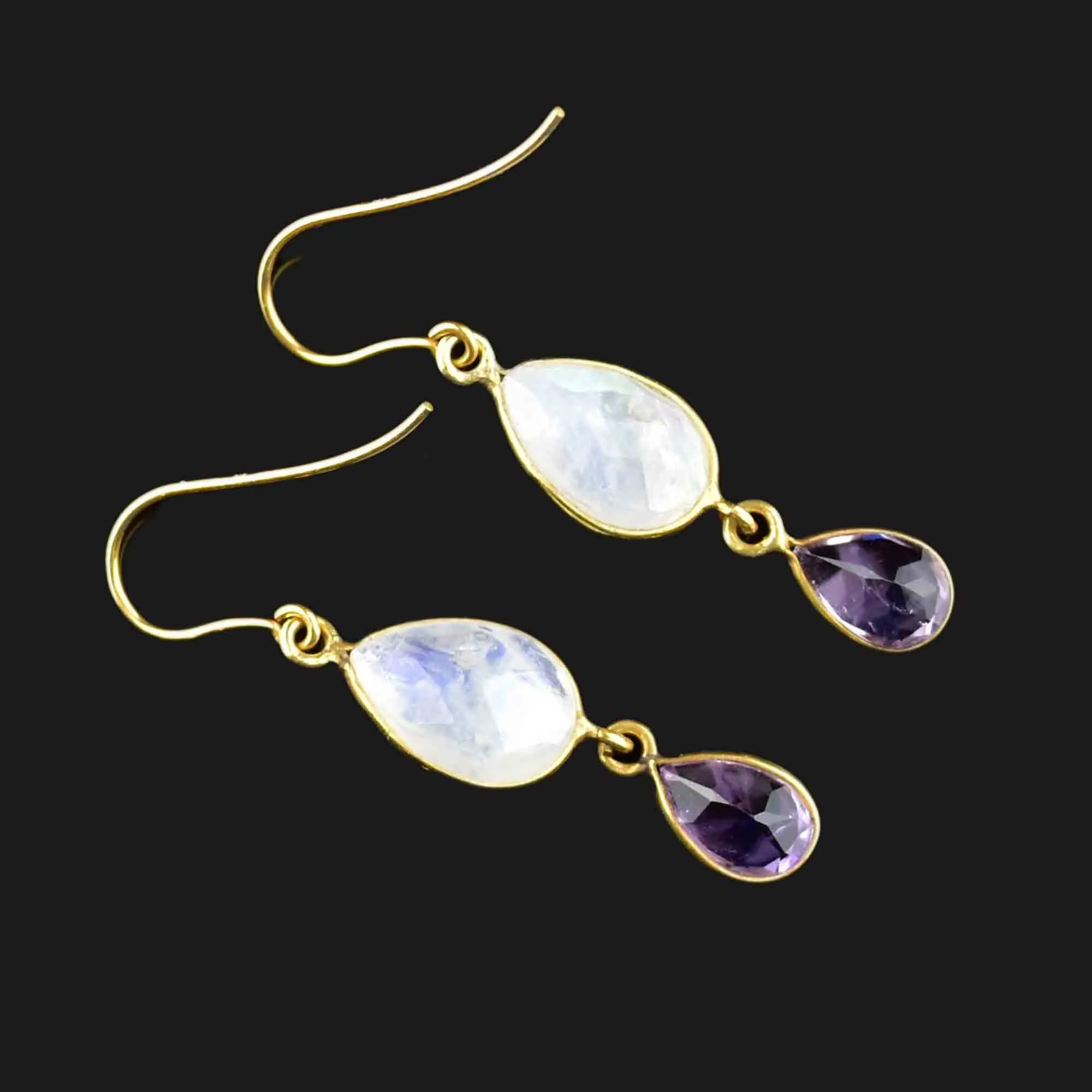 Gold Faceted Amethyst Moonstone Drop Earrings