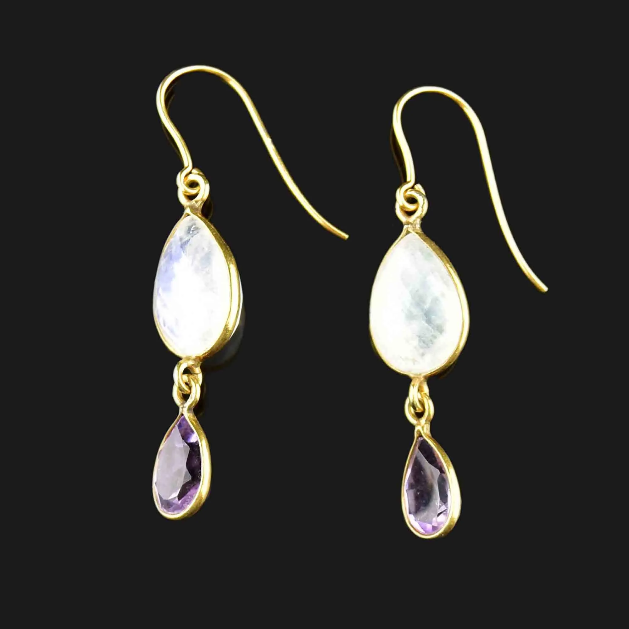 Gold Faceted Amethyst Moonstone Drop Earrings