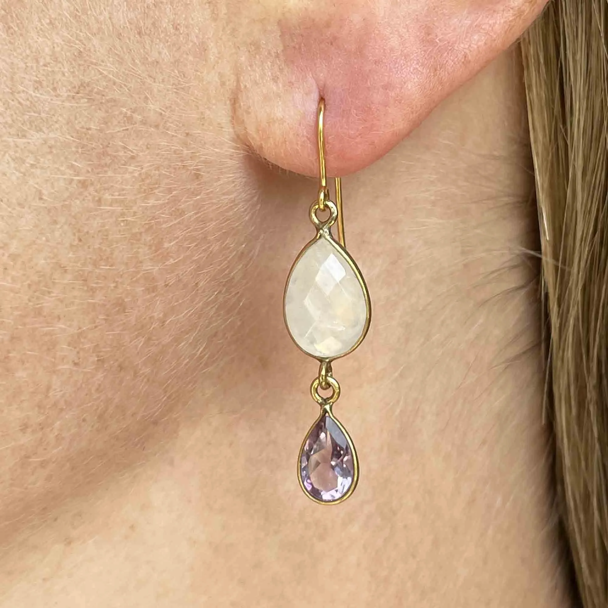 Gold Faceted Amethyst Moonstone Drop Earrings