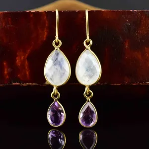 Gold Faceted Amethyst Moonstone Drop Earrings