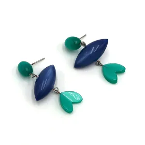 Green Stud & Leaf with Blue Pod Moonglow Statement Earrings