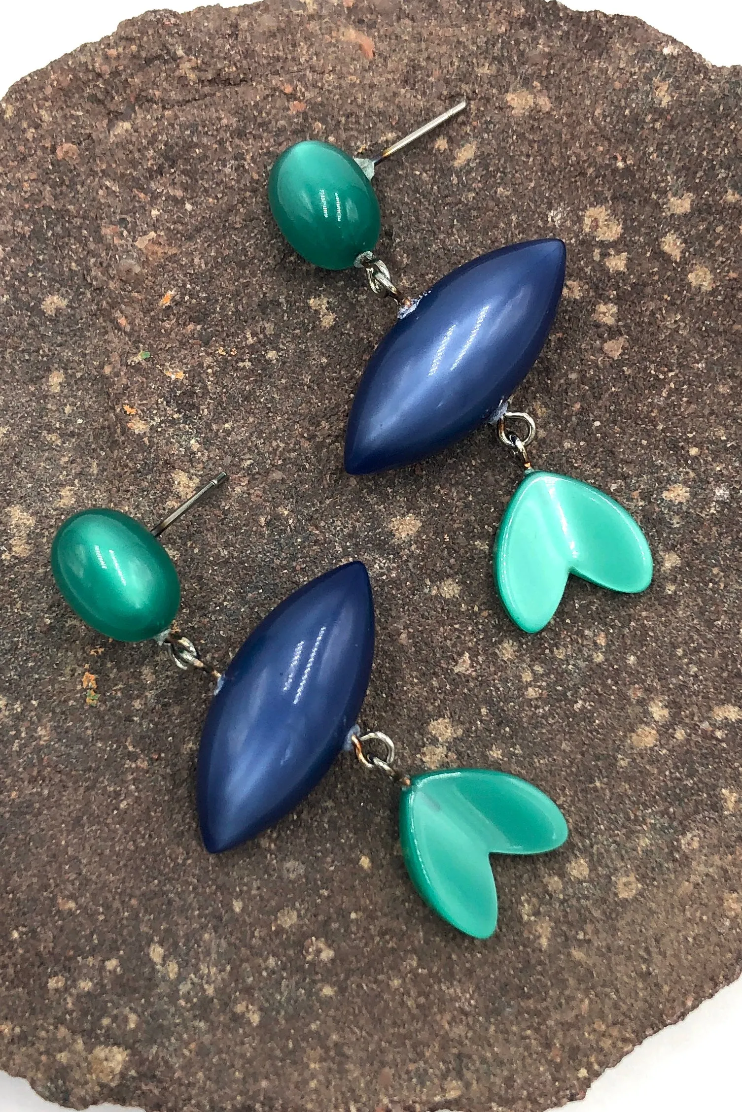 Green Stud & Leaf with Blue Pod Moonglow Statement Earrings