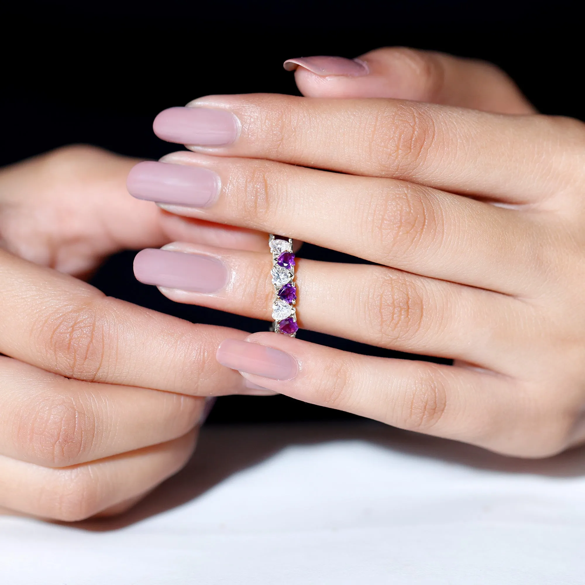 Heart Shape Purple Amethyst and Moissanite Eternity Ring in Claw Setting