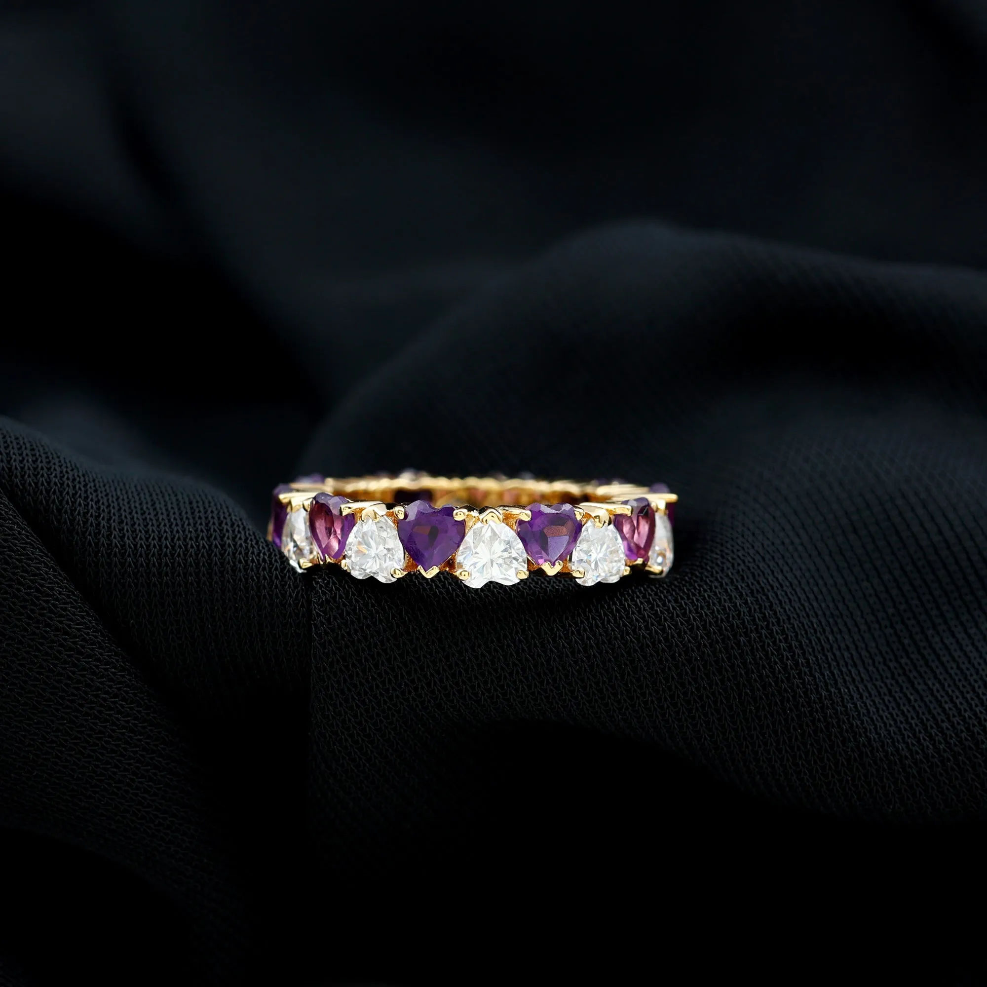 Heart Shape Purple Amethyst and Moissanite Eternity Ring in Claw Setting