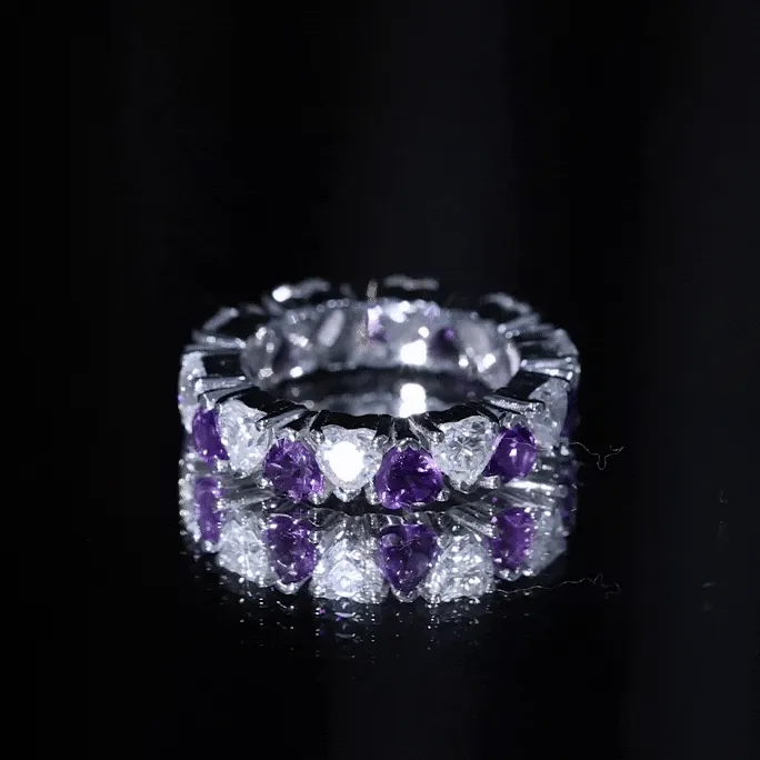 Heart Shape Purple Amethyst and Moissanite Eternity Ring in Claw Setting