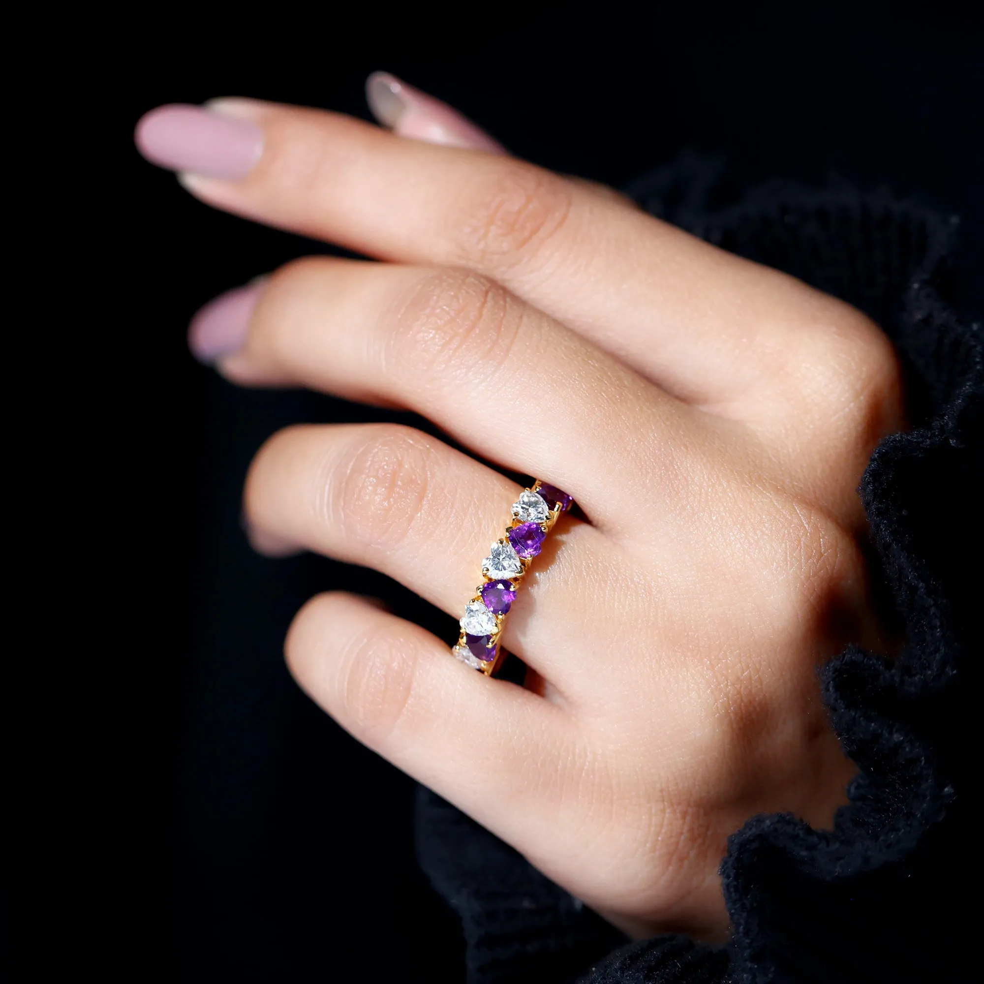 Heart Shape Purple Amethyst and Moissanite Eternity Ring in Claw Setting