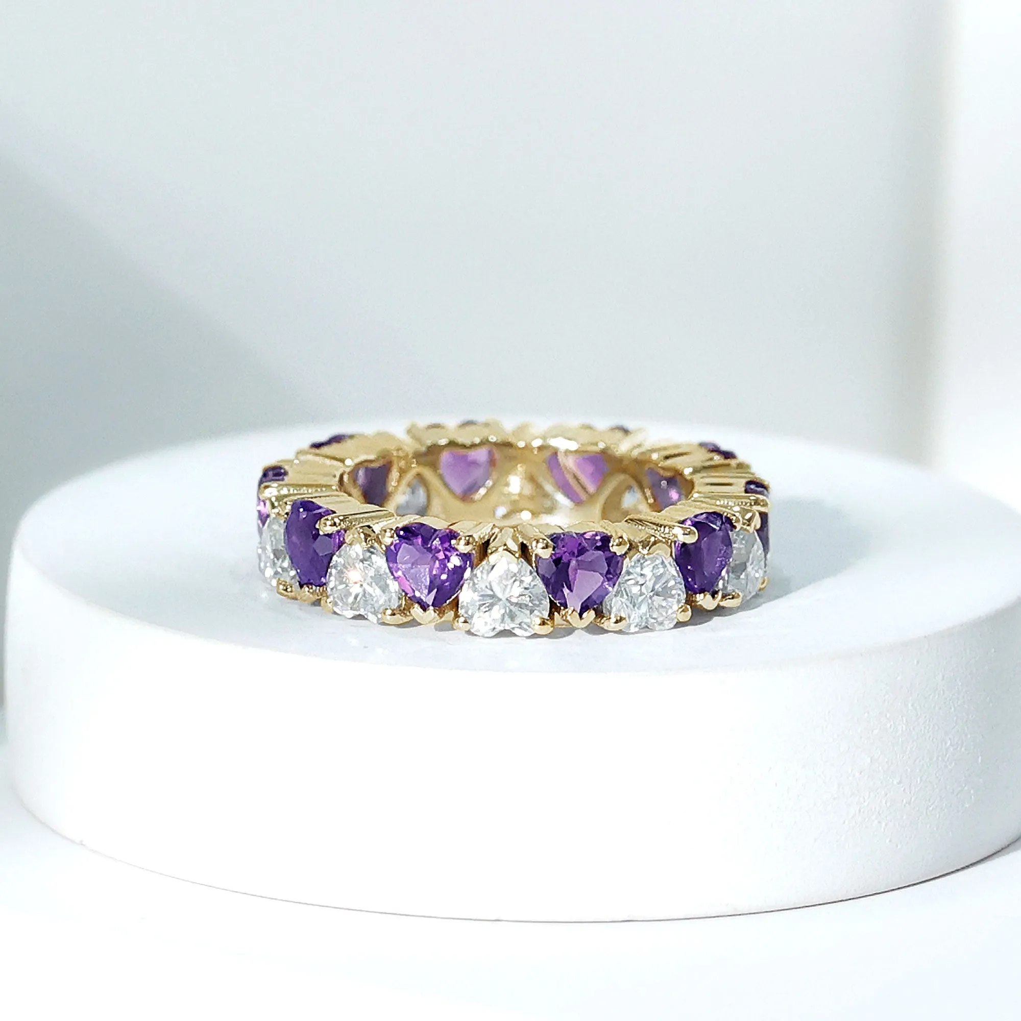 Heart Shape Purple Amethyst and Moissanite Eternity Ring in Claw Setting