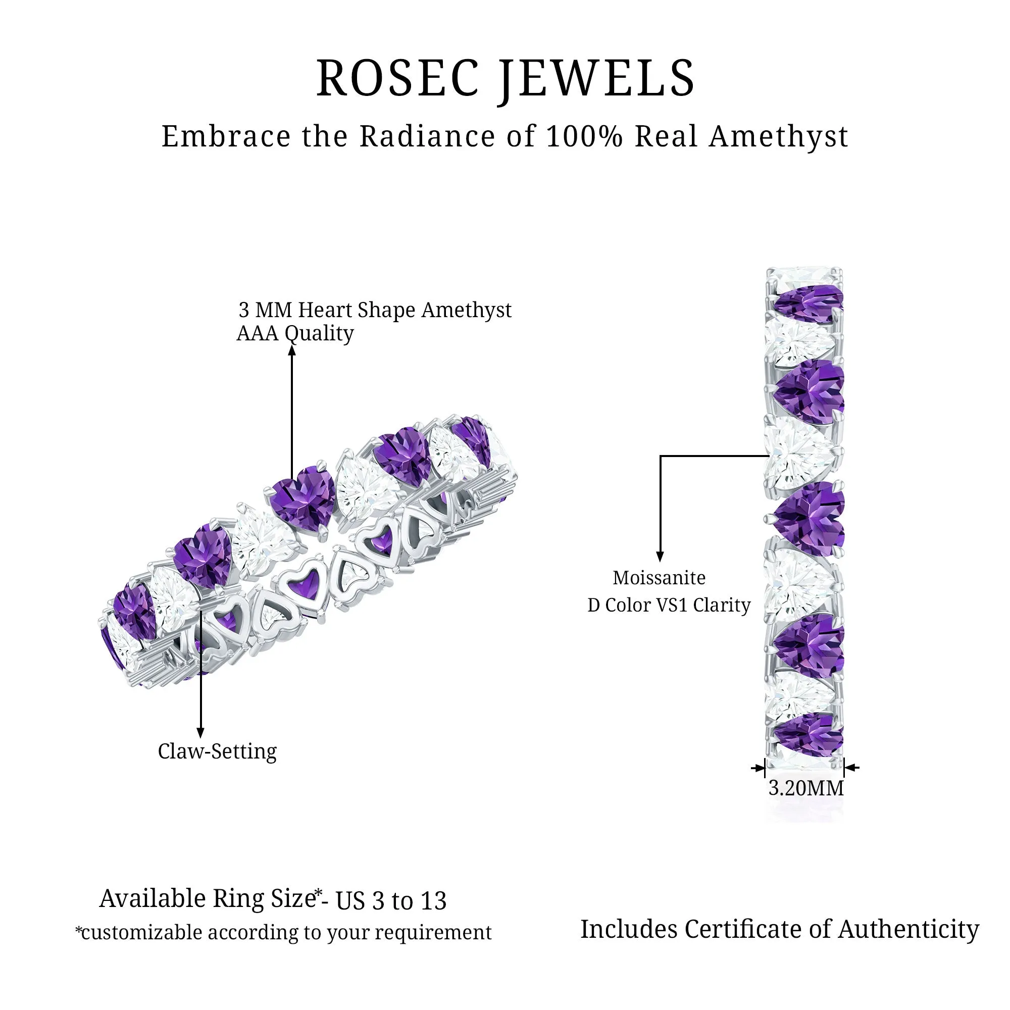 Heart Shape Purple Amethyst and Moissanite Eternity Ring in Claw Setting