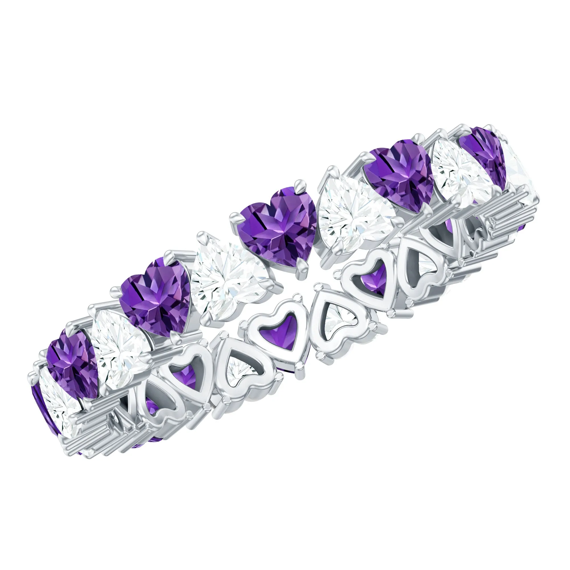 Heart Shape Purple Amethyst and Moissanite Eternity Ring in Claw Setting