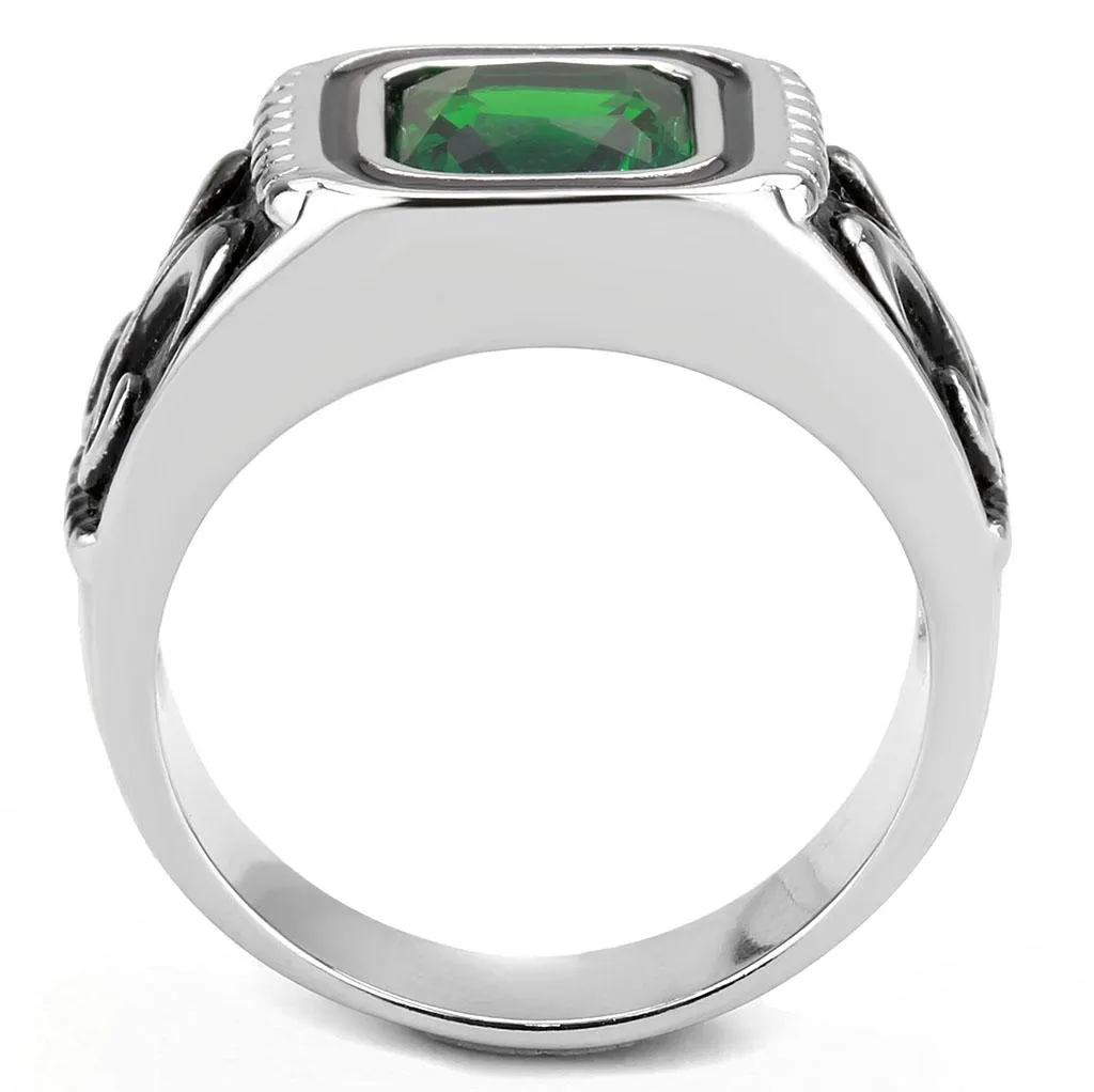 High polished (no plating) Stainless Steel Ring with Synthetic Synthetic Glass in Emerald for Women Style TK3616