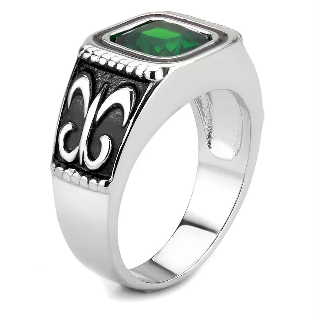 High polished (no plating) Stainless Steel Ring with Synthetic Synthetic Glass in Emerald for Women Style TK3616