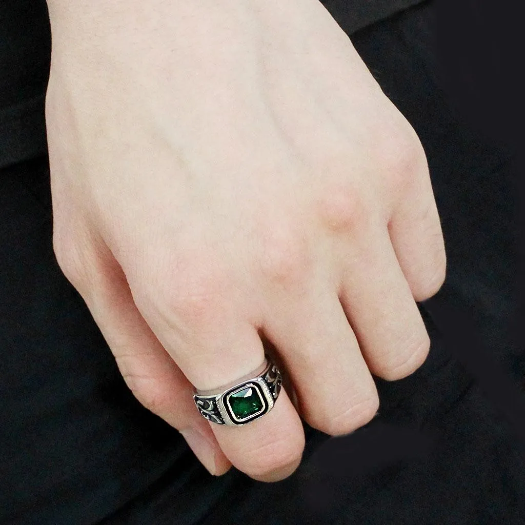 High polished (no plating) Stainless Steel Ring with Synthetic Synthetic Glass in Emerald for Women Style TK3616