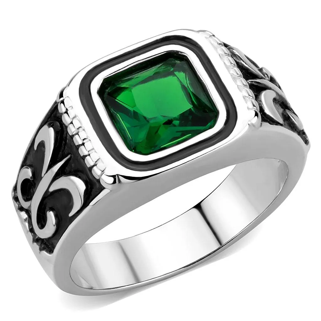 High polished (no plating) Stainless Steel Ring with Synthetic Synthetic Glass in Emerald for Women Style TK3616