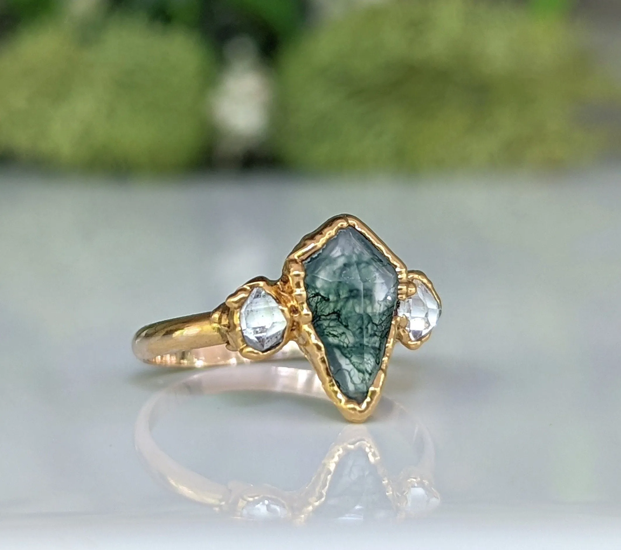 Kite Moss Agate and Herkimer diamond ring