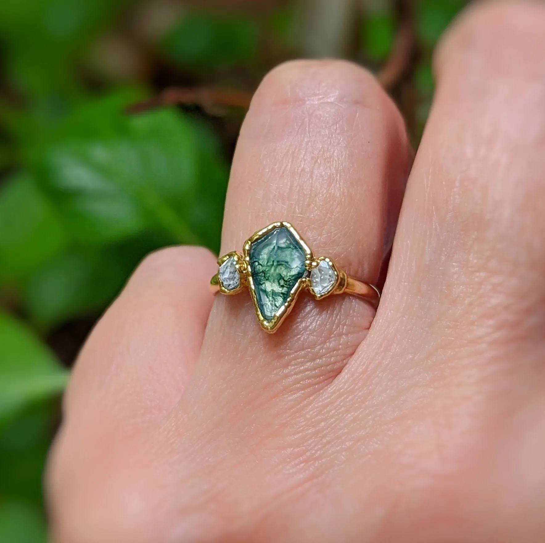 Kite Moss Agate and Herkimer diamond ring