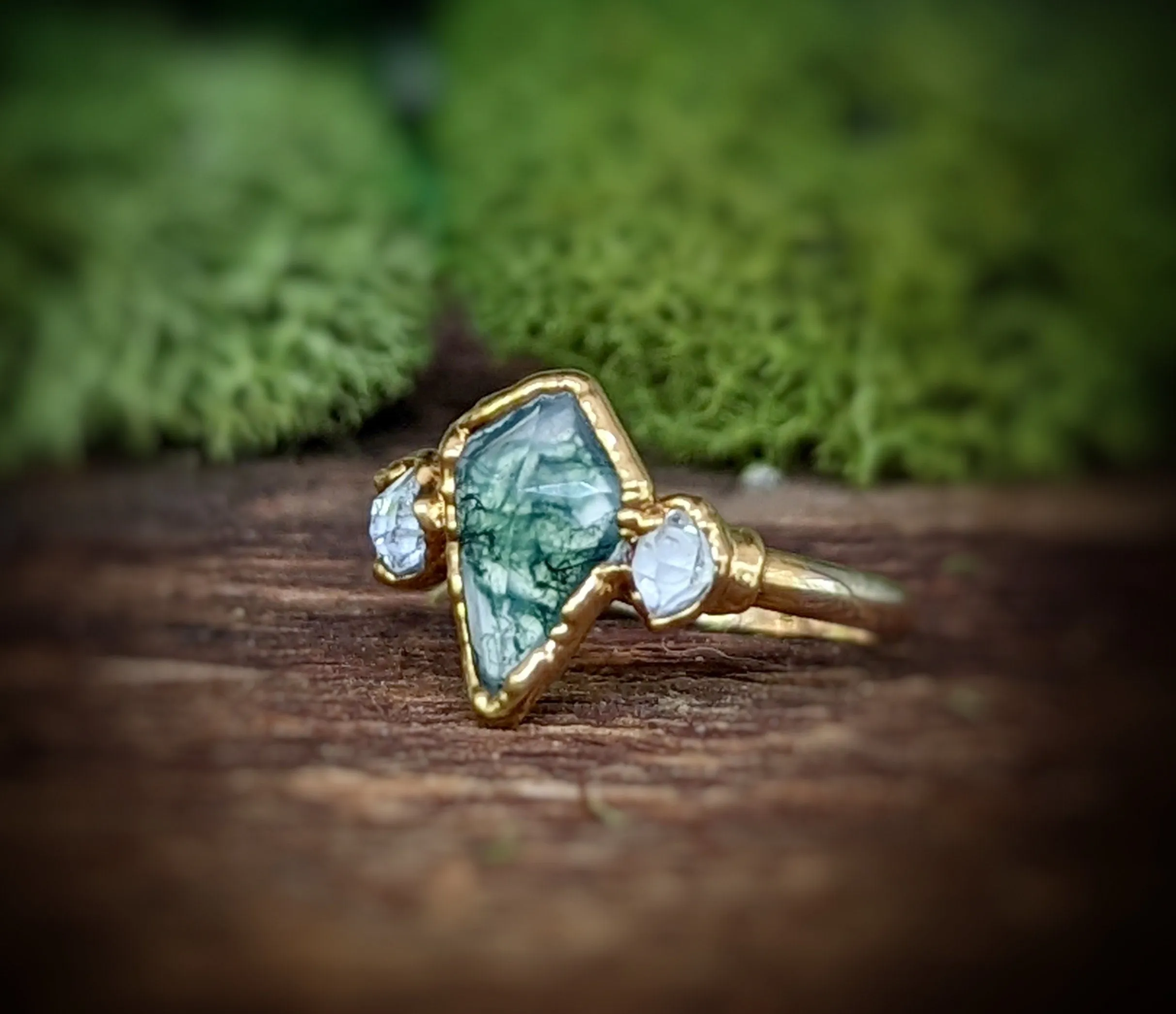 Kite Moss Agate and Herkimer diamond ring