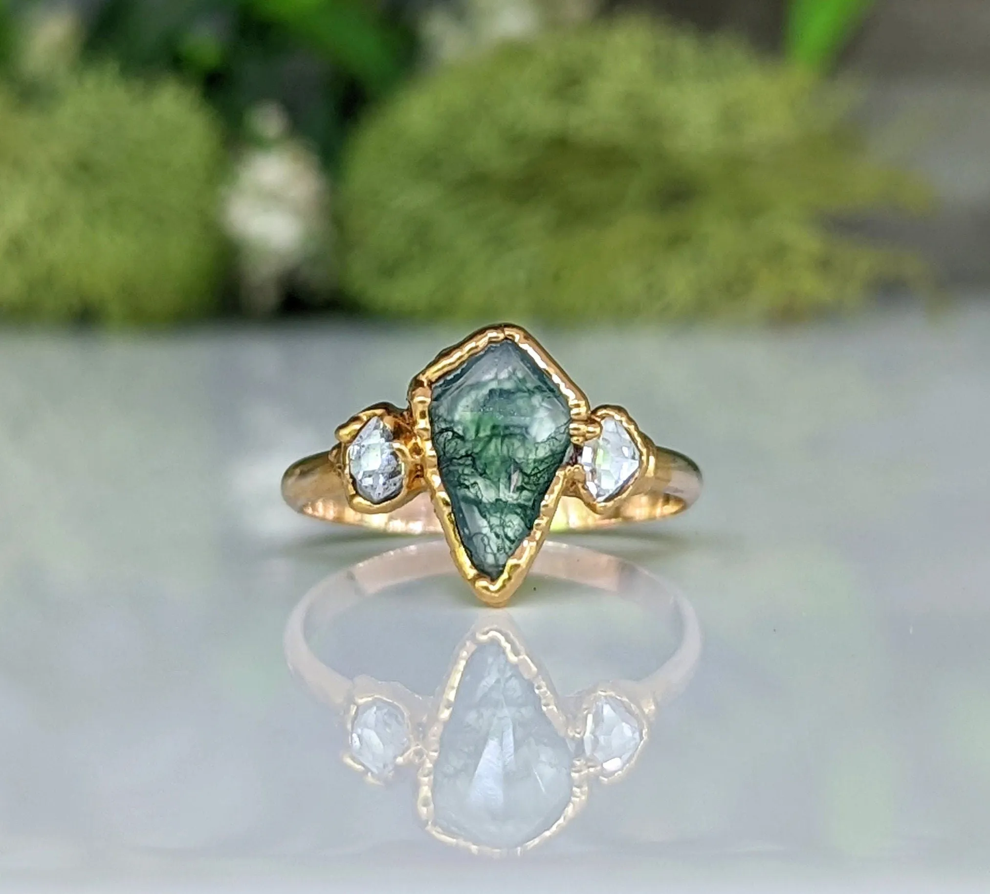 Kite Moss Agate and Herkimer diamond ring