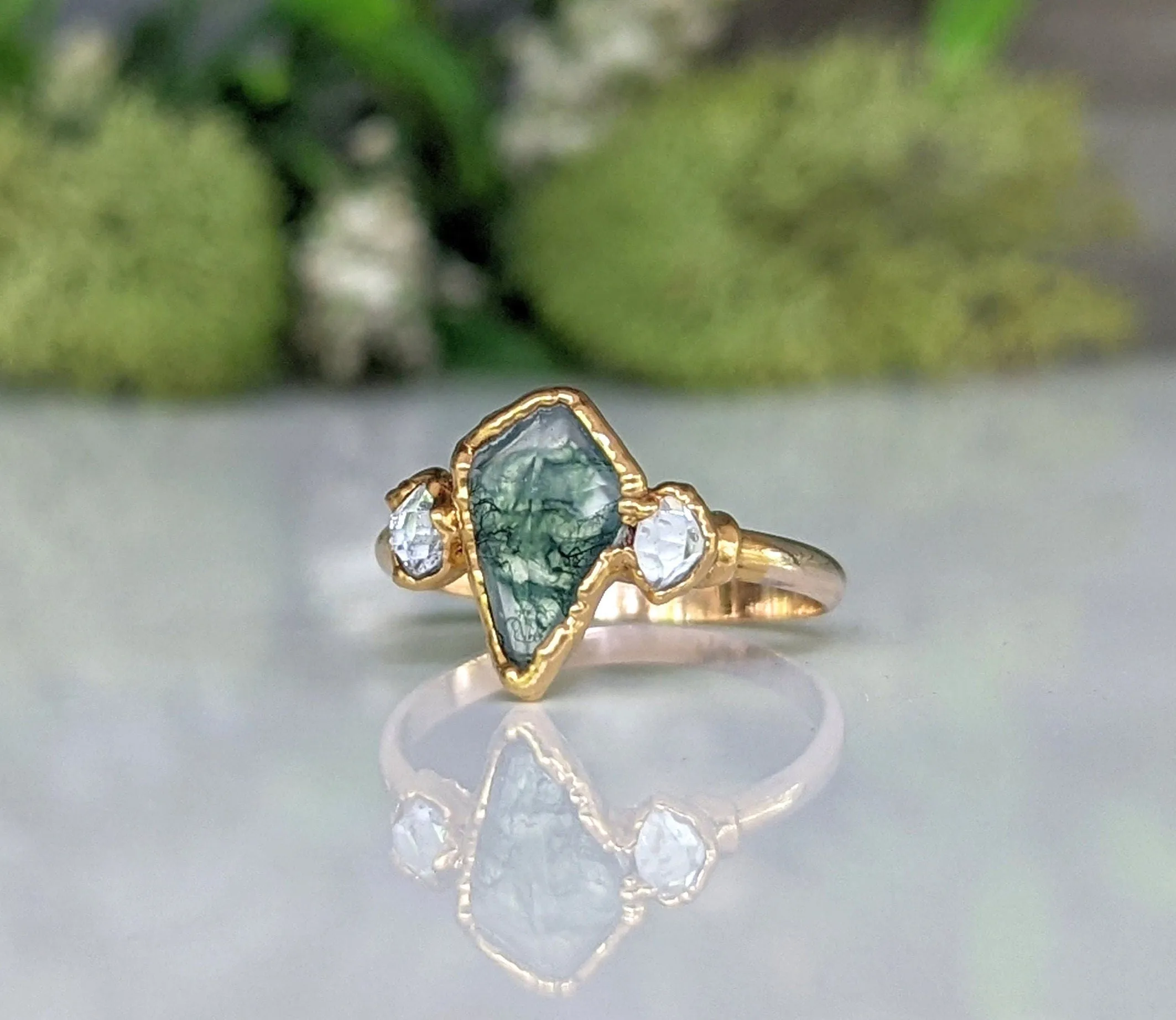 Kite Moss Agate and Herkimer diamond ring