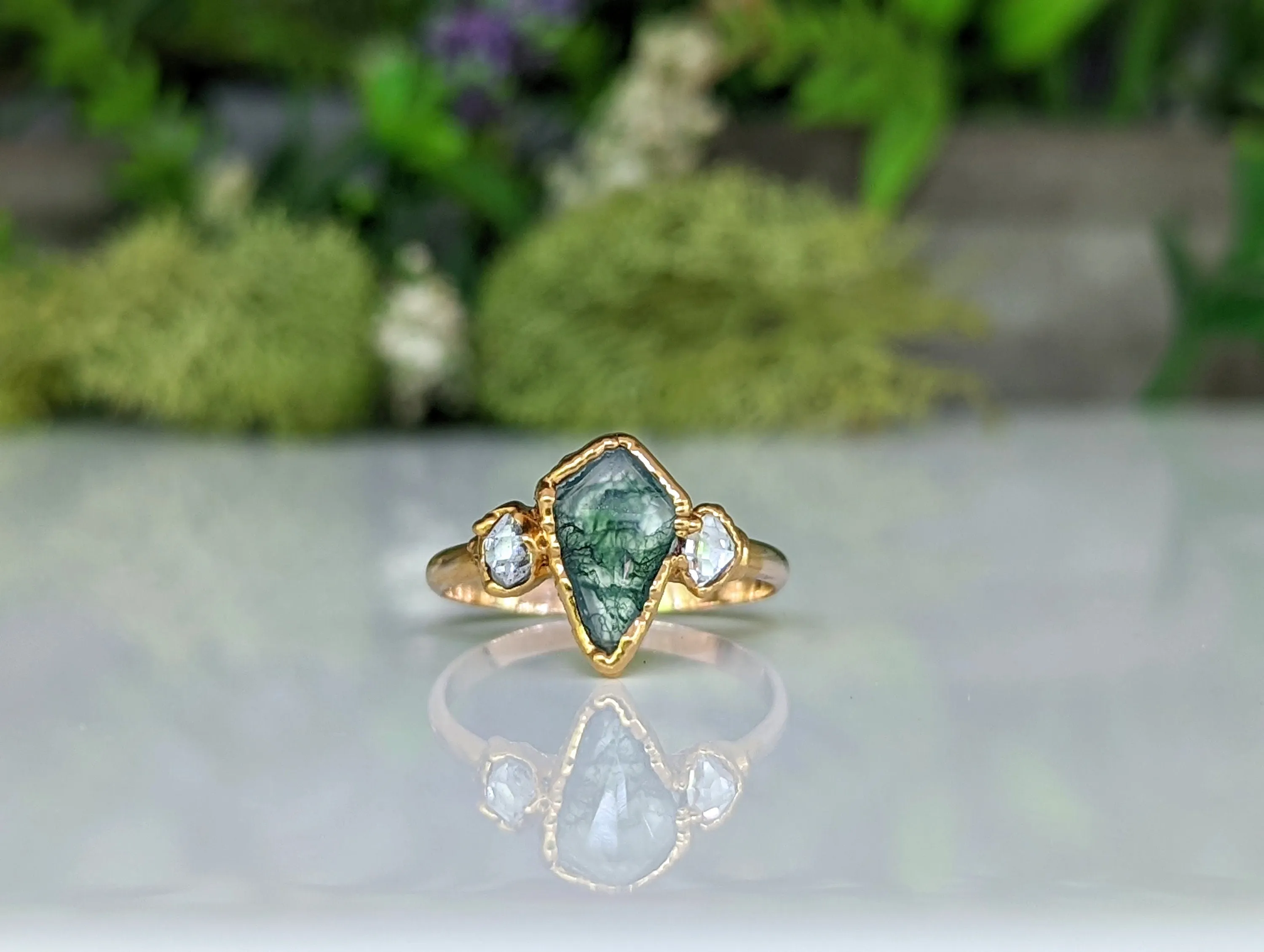 Kite Moss Agate and Herkimer diamond ring