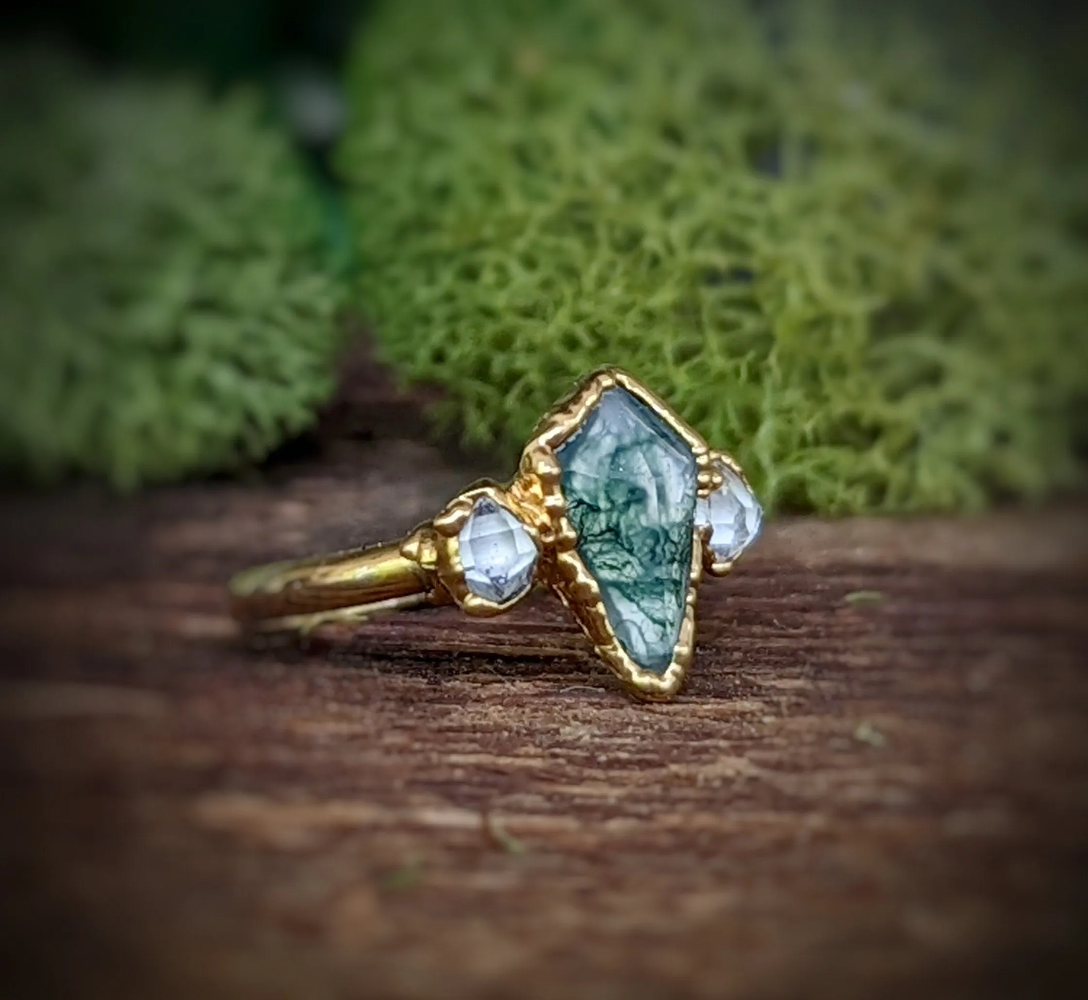 Kite Moss Agate and Herkimer diamond ring