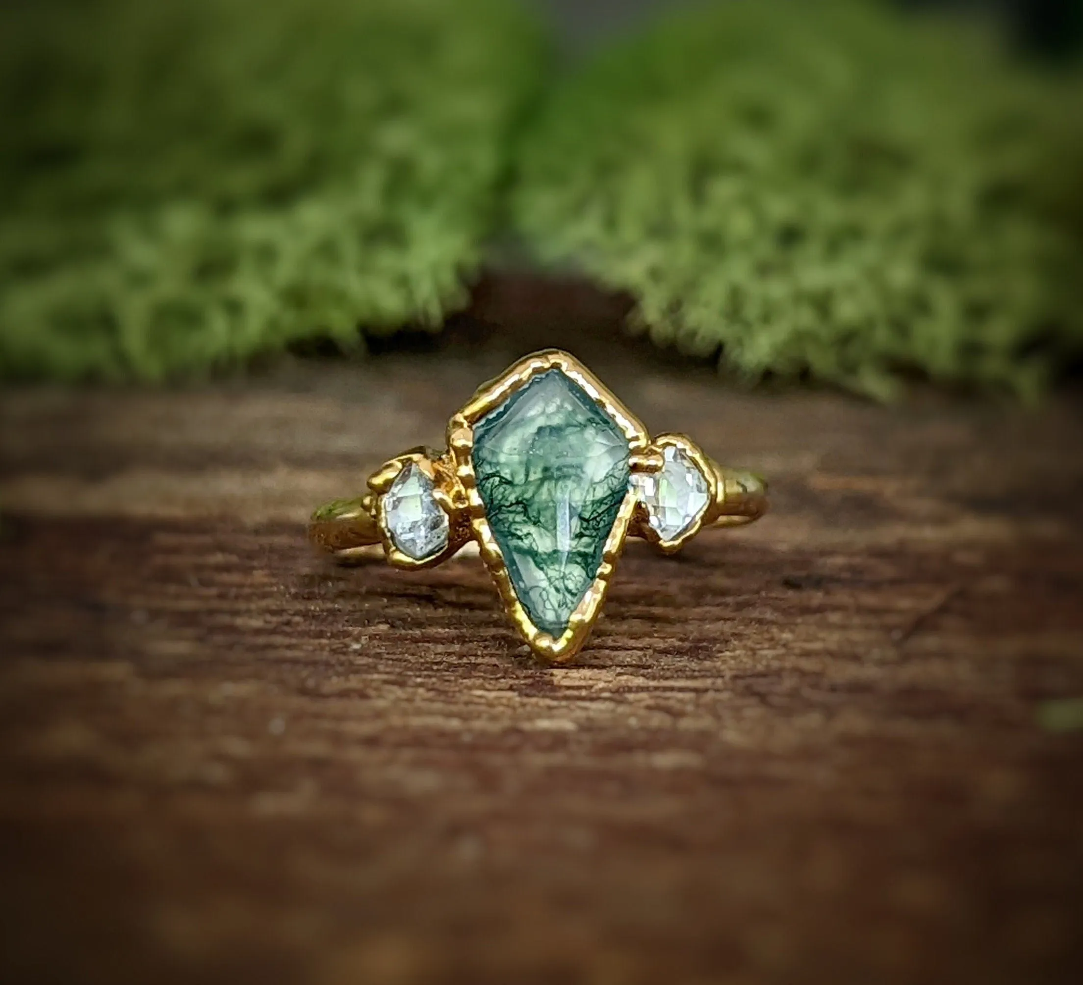 Kite Moss Agate and Herkimer diamond ring