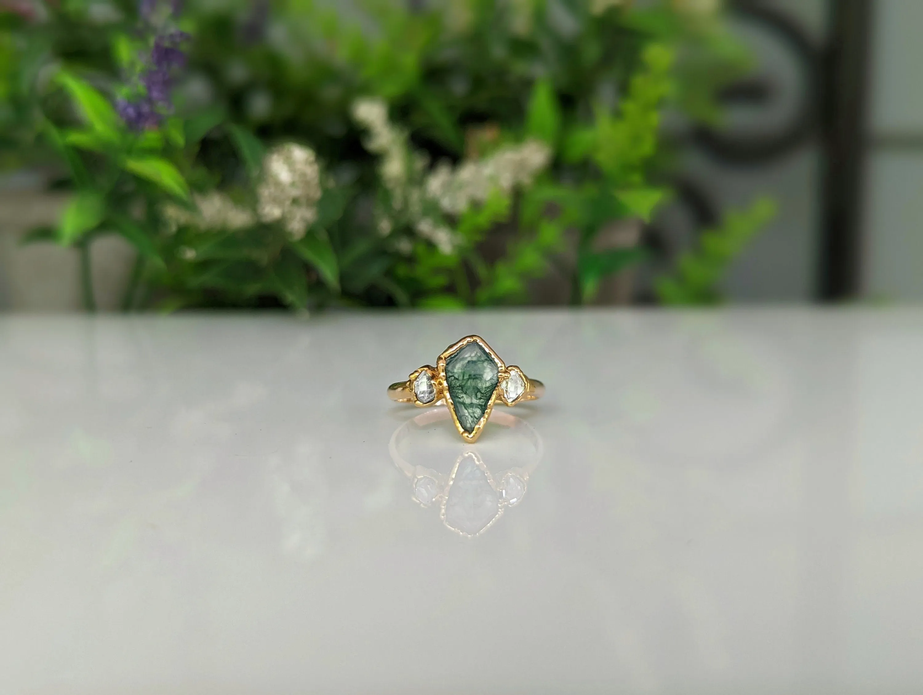 Kite Moss Agate and Herkimer diamond ring