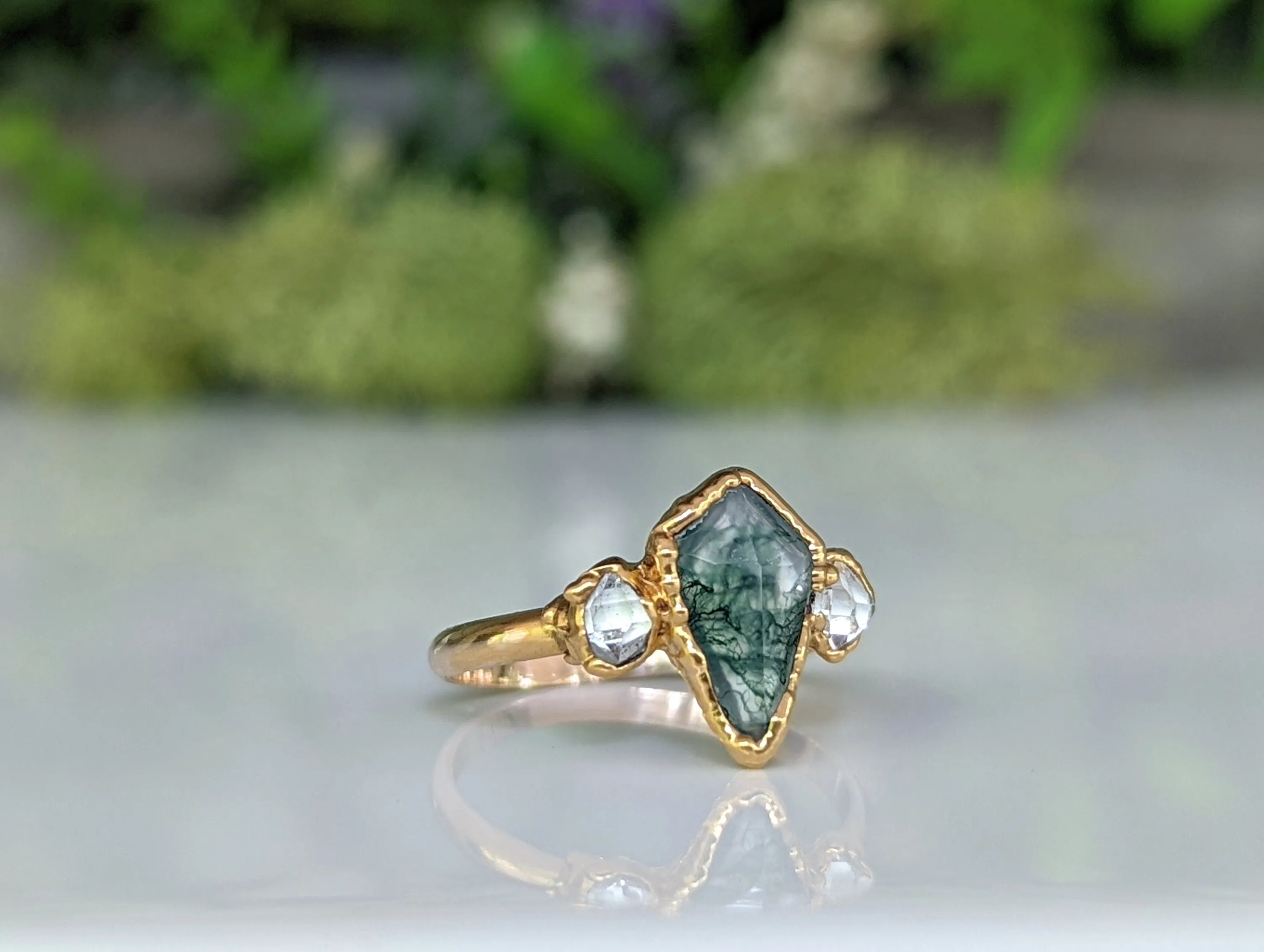 Kite Moss Agate and Herkimer diamond ring