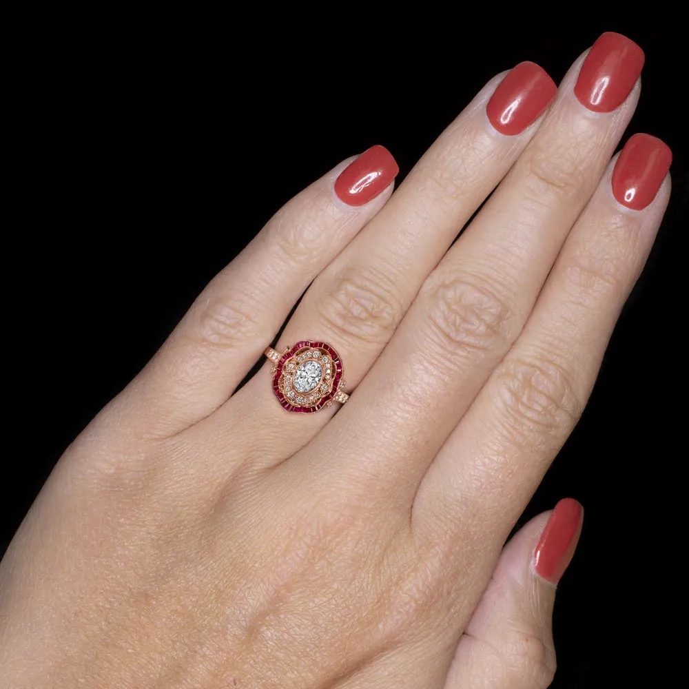 LAB CREATED DIAMOND RUBY COCKTAIL RING VINTAGE STYLE ART DECO 14k ROSE GOLD