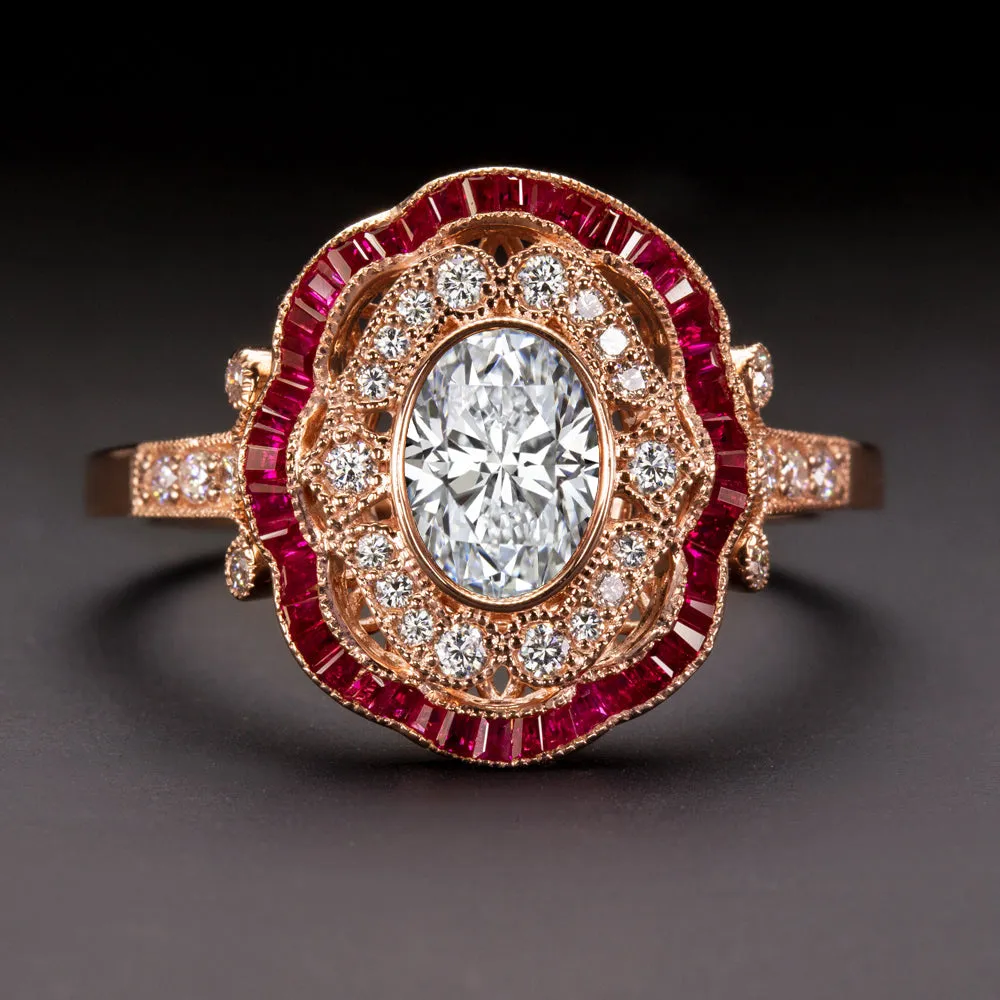 LAB CREATED DIAMOND RUBY COCKTAIL RING VINTAGE STYLE ART DECO 14k ROSE GOLD