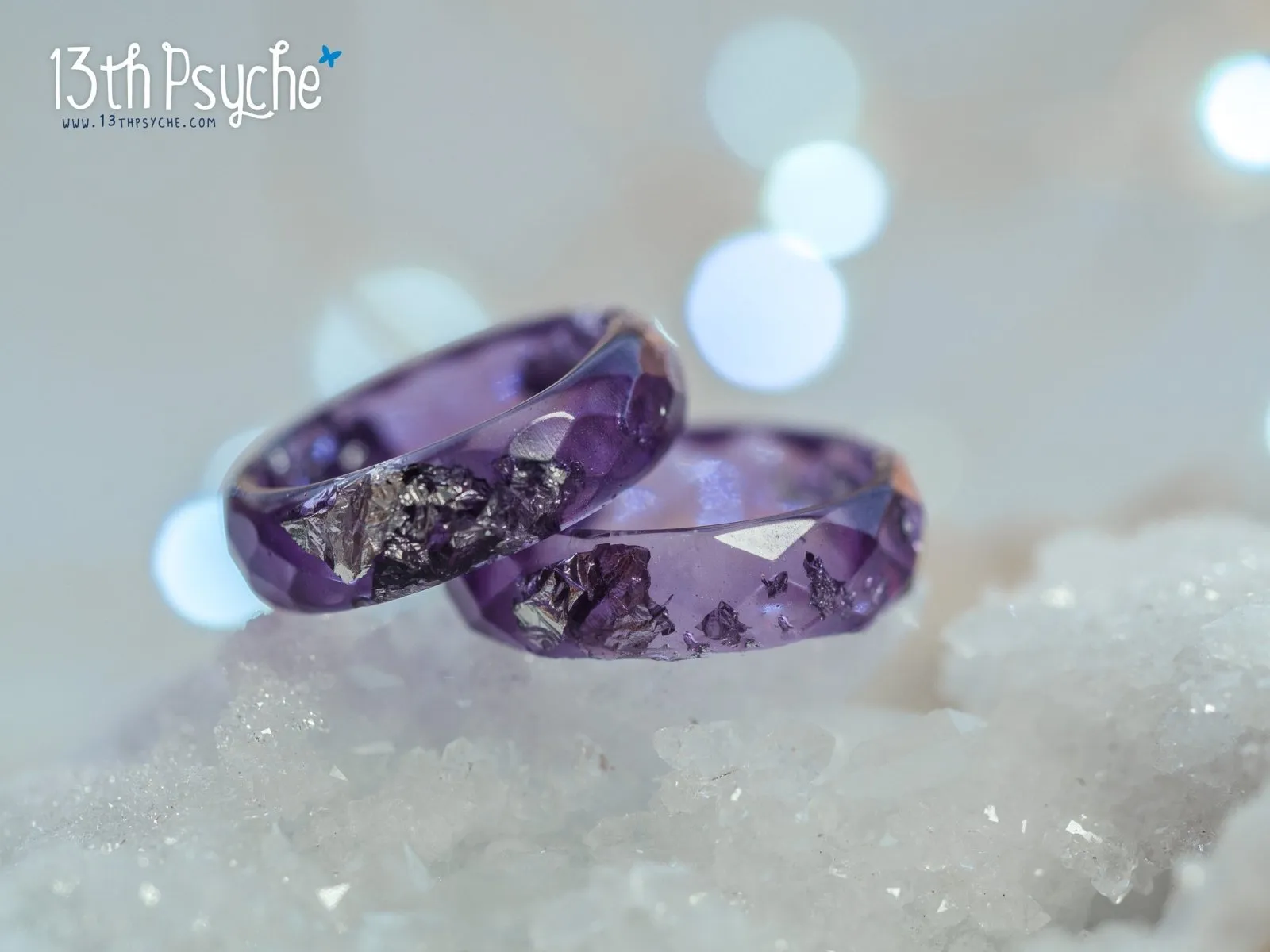 Lavender and silver flakes faceted resin ring