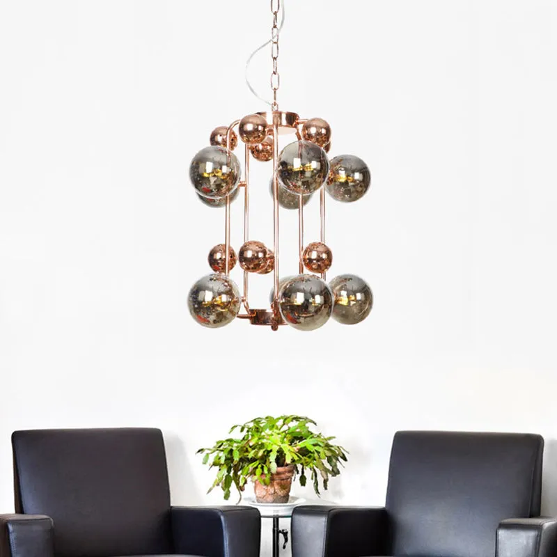 Modern Smoke Gray/Amber Glass 10-Light Rose Gold Chandelier with Hanging Balls